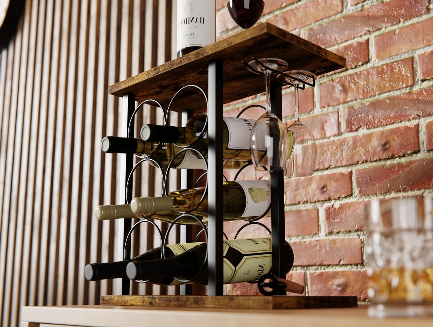 CARLA HOME Wine Rack Countertop Wooden & Metal Holder for 6 Bottles & 2 Glasses-1992735291244417026