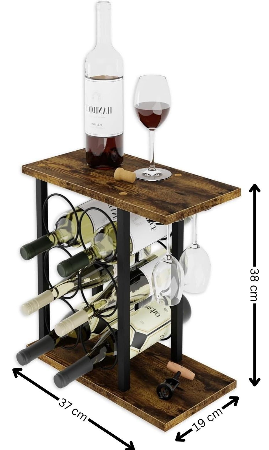 CARLA HOME Wine Rack Countertop Wooden & Metal Holder for 6 Bottles & 2 Glasses-1992735291244417032