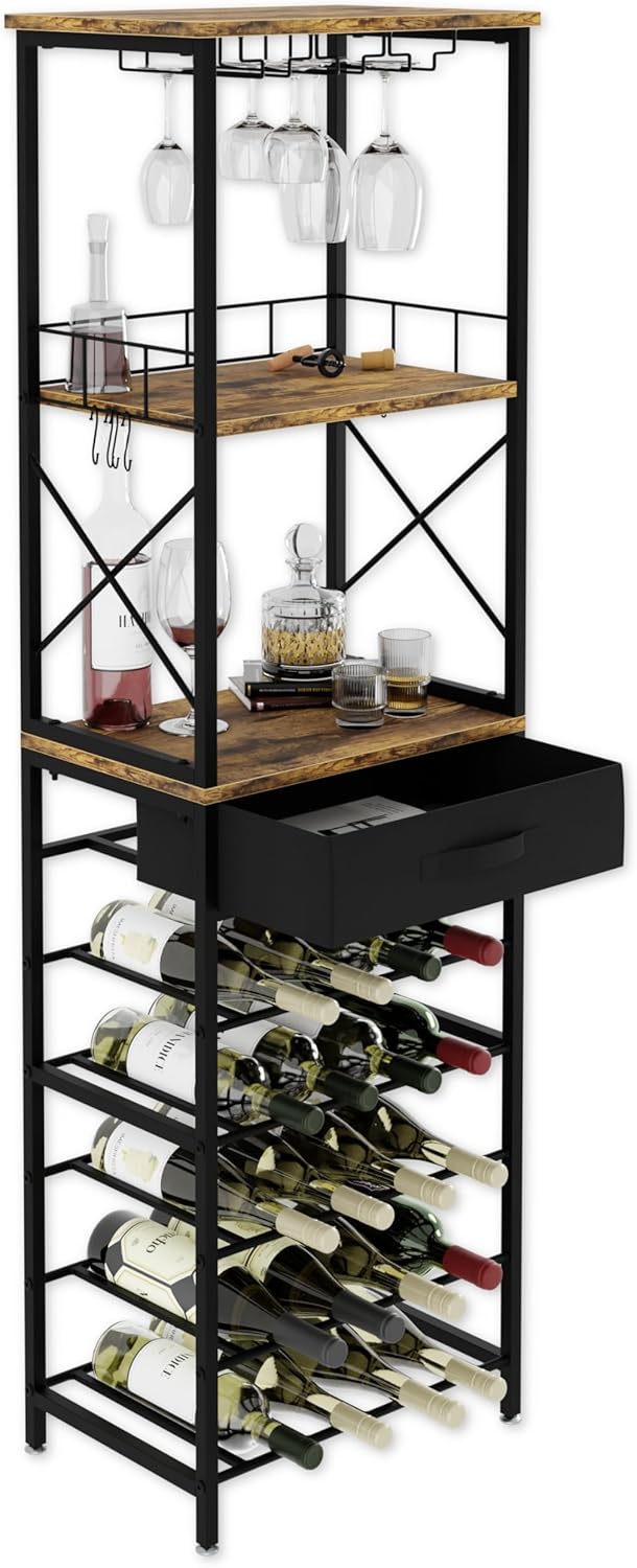 CARLA HOME Freestanding Wine Rack for 20 Bottles with Wood Countertop and Sturdy Metal Frame-1992735288069328896