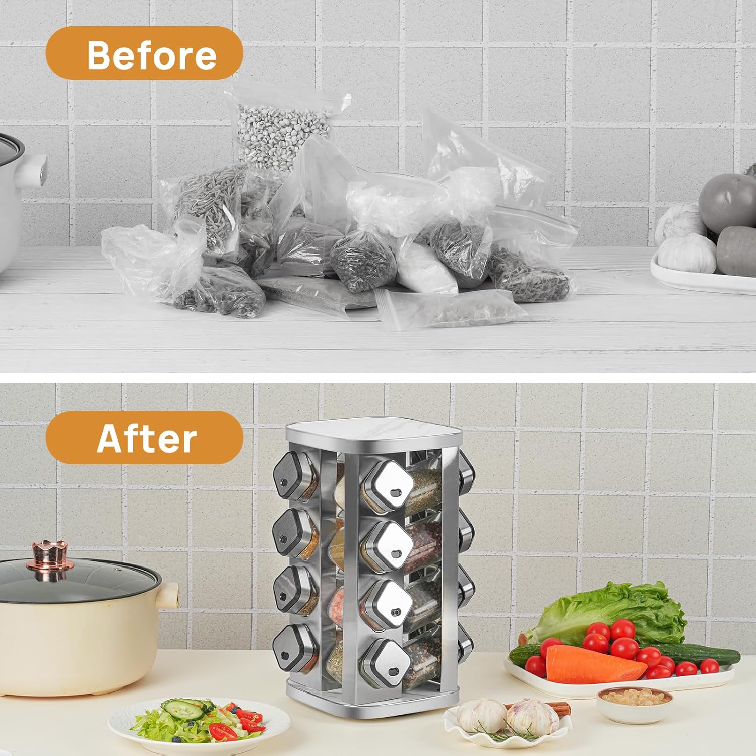 CARLA HOME Rotating Spice Rack Organizer with 20 Glass Jars for Kitchen Countertop-1992735296076255235