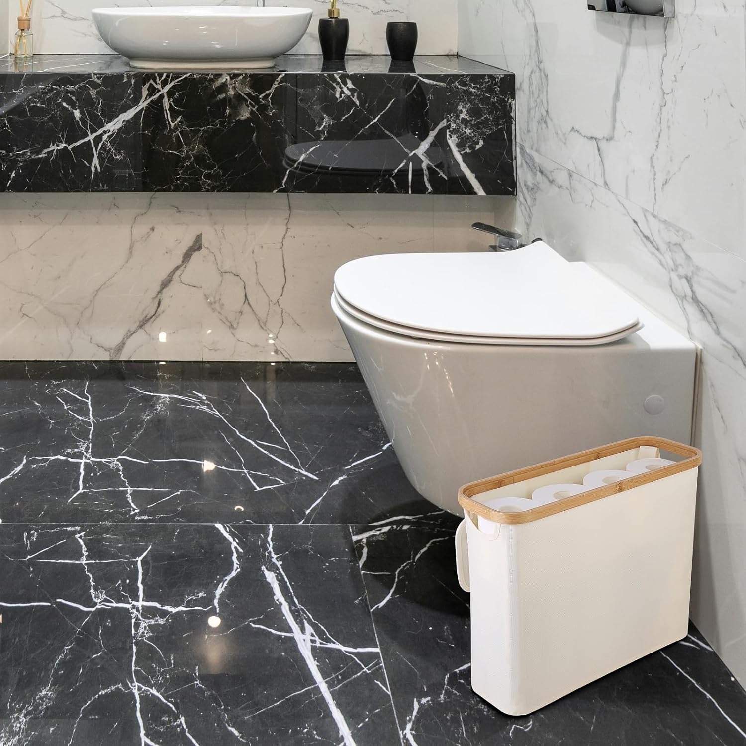 CARLA HOME Toilet Paper Storage Basket Holds Up to 12 Rolls with Bamboo Lid and Handle for RV Closet (White)-1992735297825280001