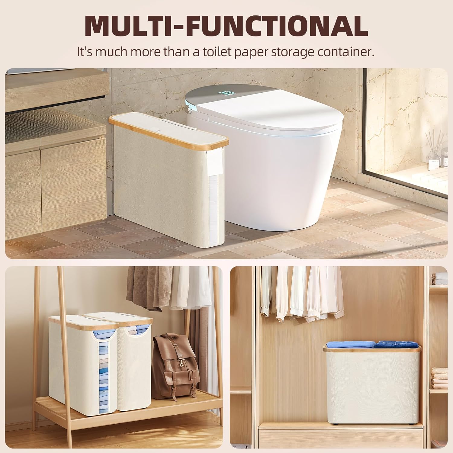 CARLA HOME Toilet Paper Storage Basket Holds Up to 12 Rolls with Bamboo Lid and Handle for RV Closet (White)-1992735297825280007