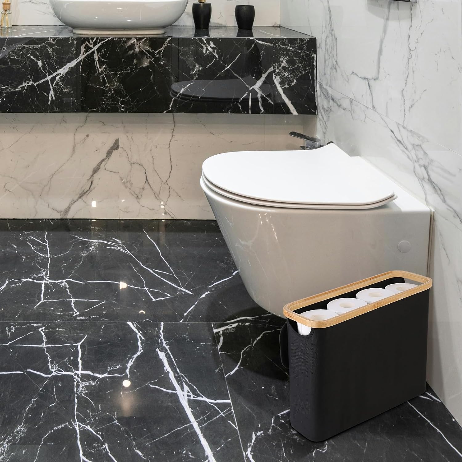 CARLA HOME Toilet Paper Storage Basket Holds Up to 12 Rolls with Bamboo Lid and Handle for RV Closet (Black)-1992735298517340161