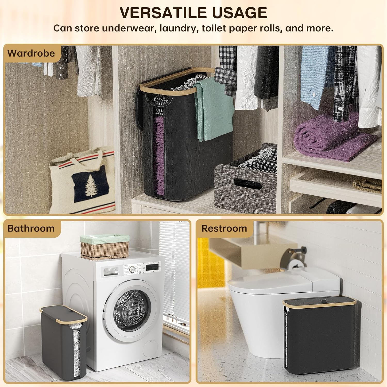 CARLA HOME Toilet Paper Storage Basket Holds Up to 12 Rolls with Bamboo Lid and Handle for RV Closet (Black)-1992735298517340165