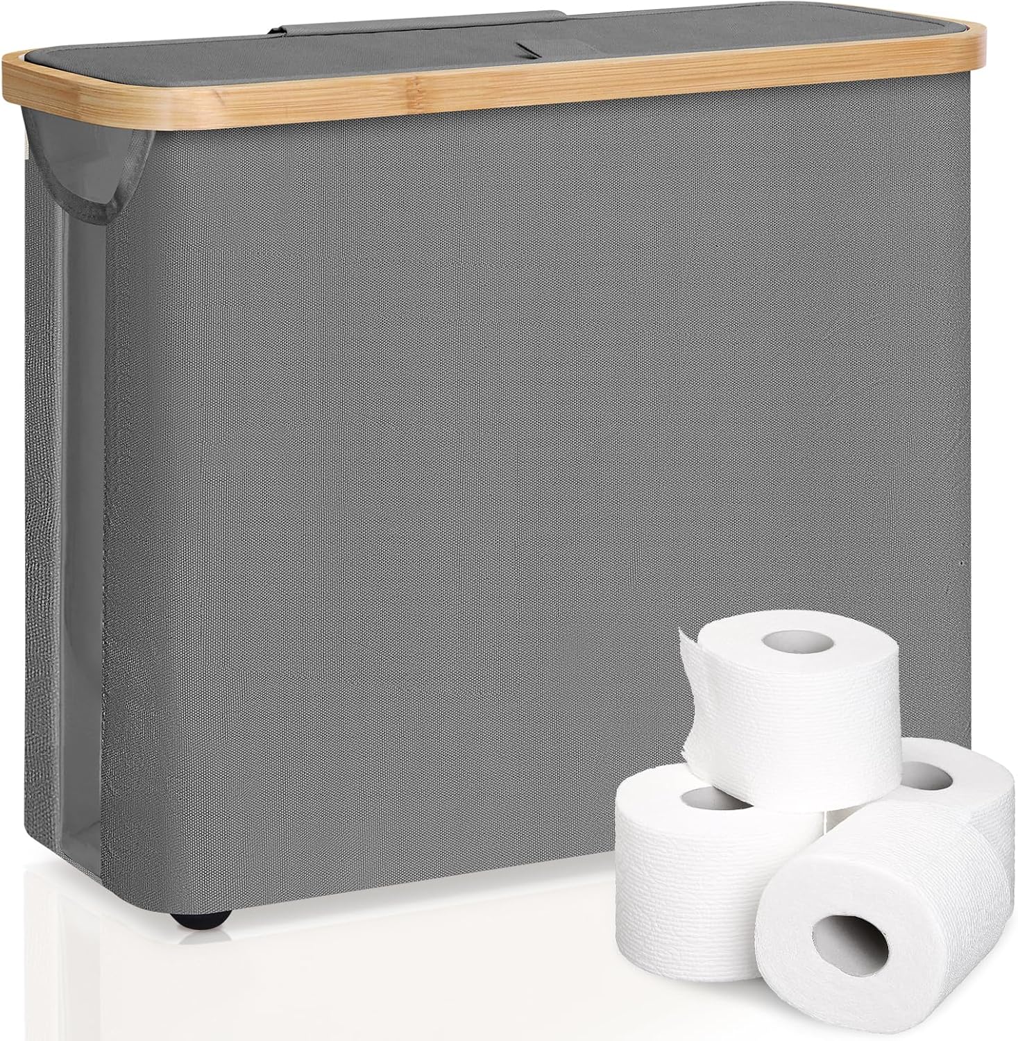 CARLA HOME Toilet Paper Storage Basket Holds Up to 12 Rolls with Bamboo Lid and Handle for RV Closet (Grey)-1992735289340203008