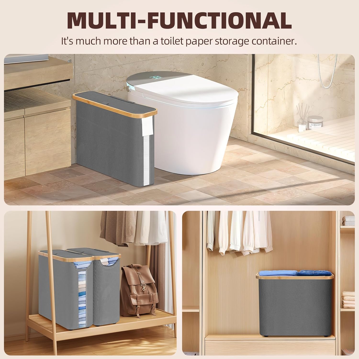 CARLA HOME Toilet Paper Storage Basket Holds Up to 12 Rolls with Bamboo Lid and Handle for RV Closet (Grey)-1992735289340203015