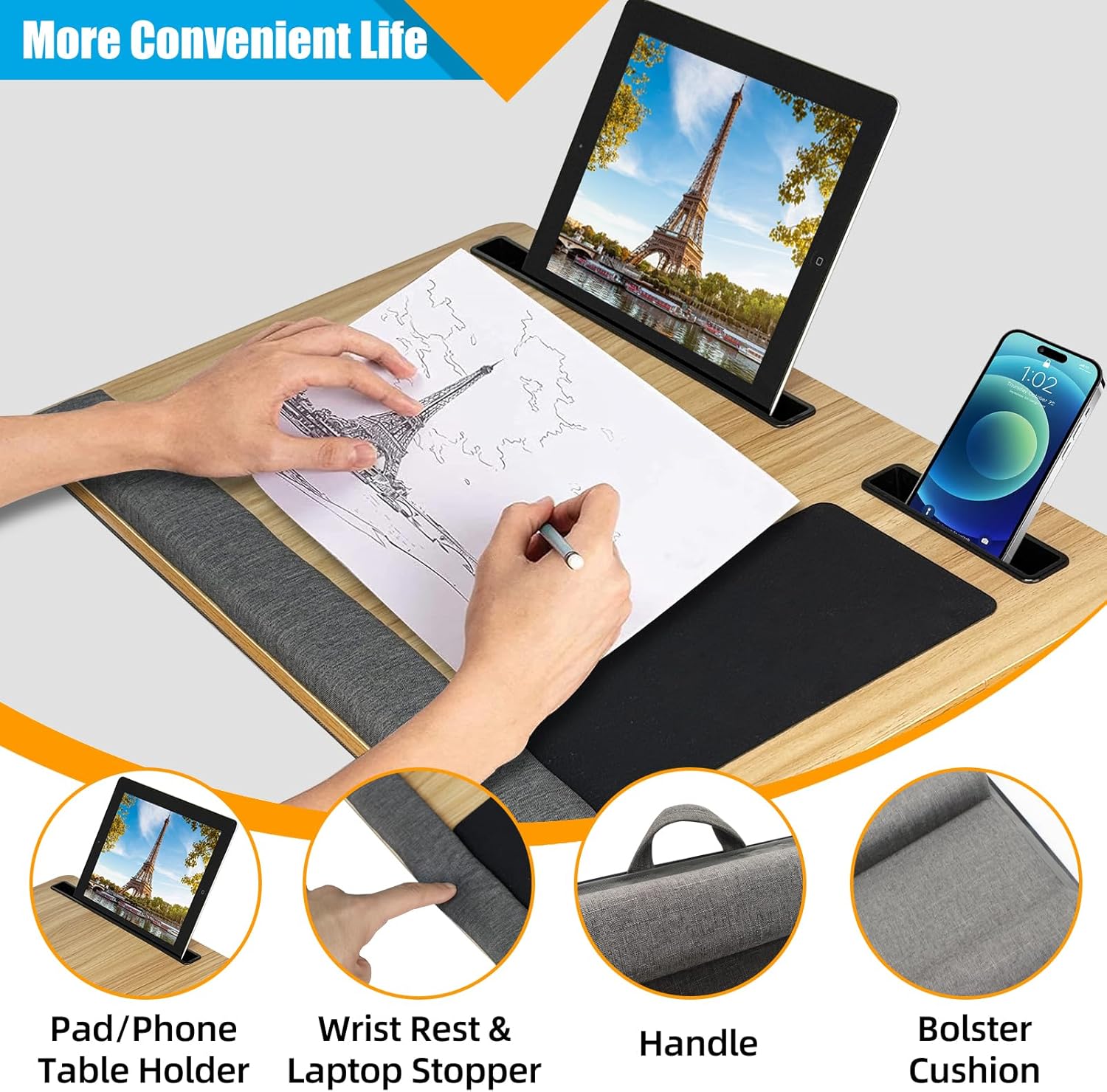 CARLA HOME Oversized Portable Lap Desk with Cushion,Mouse Pad, Tablet and Phone Holder which Fits Up to 17 Inch Laptops for Bed or Sofa (Brown)-1992735301461741572