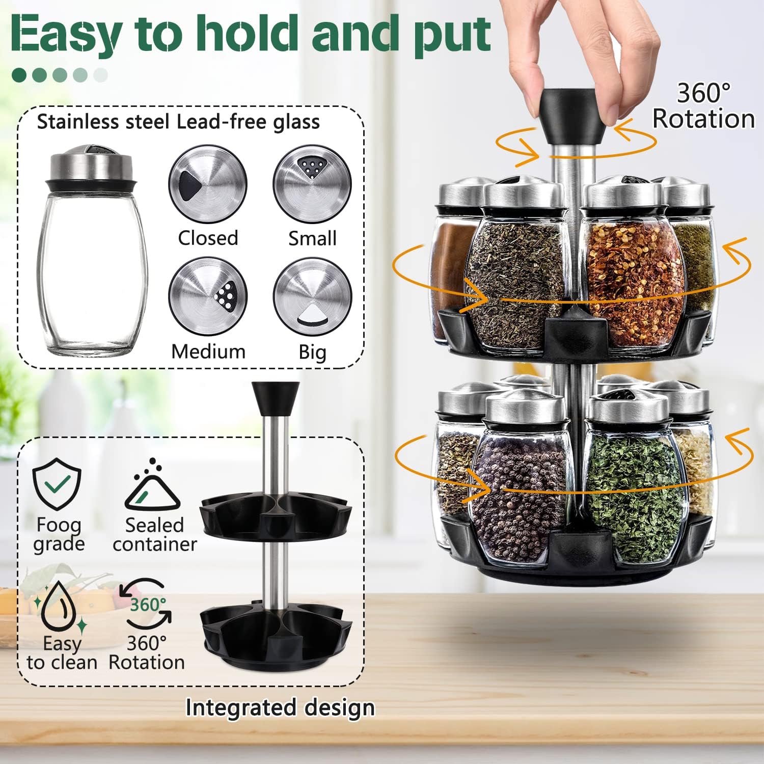 CARLA HOME Rotating Spice Rack Organizer with 16 Glass Jars for Kitchen Seasoning and Herb Storage-1992735291793870851