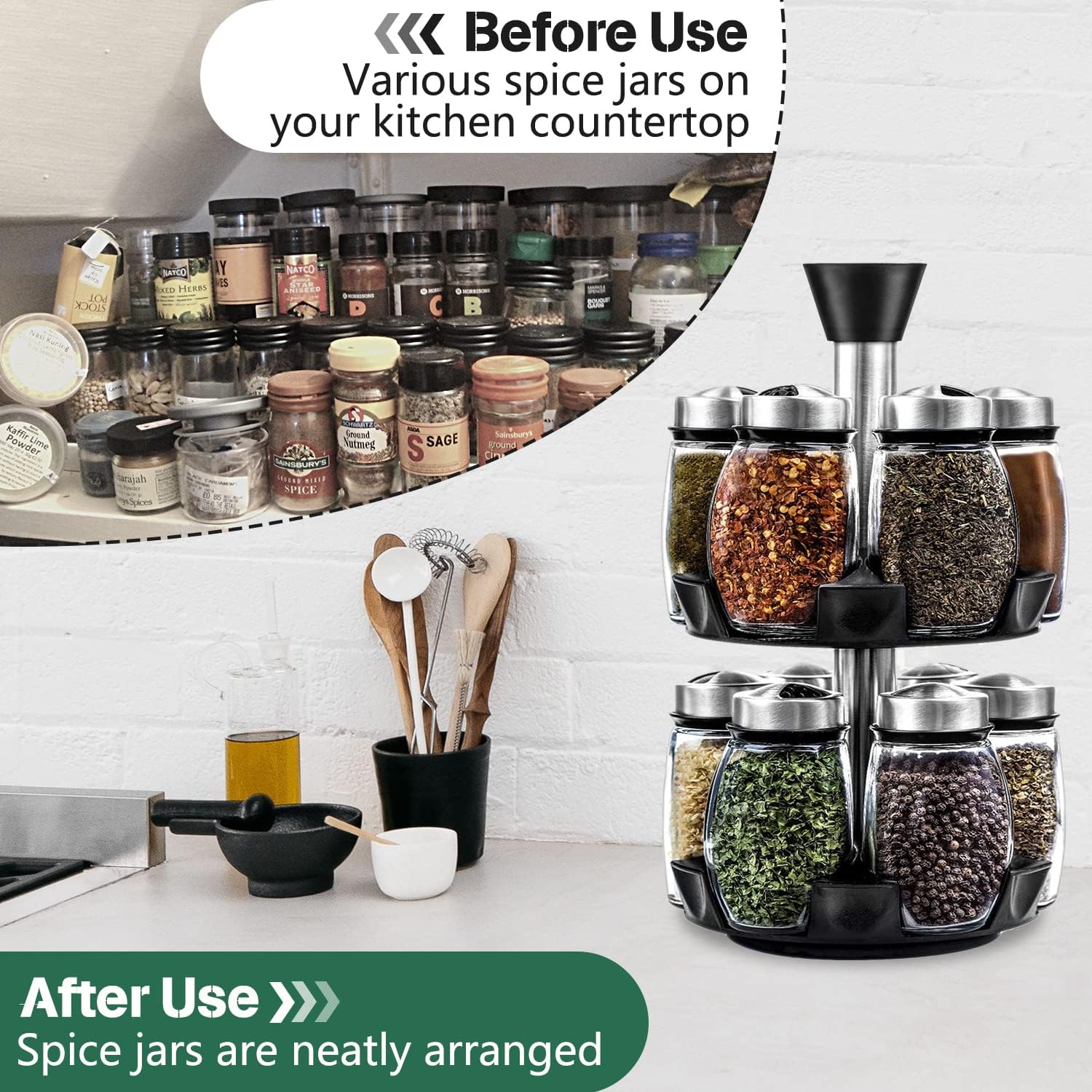 CARLA HOME Rotating Spice Rack Organizer with 16 Glass Jars for Kitchen Seasoning and Herb Storage-1992735291793870852
