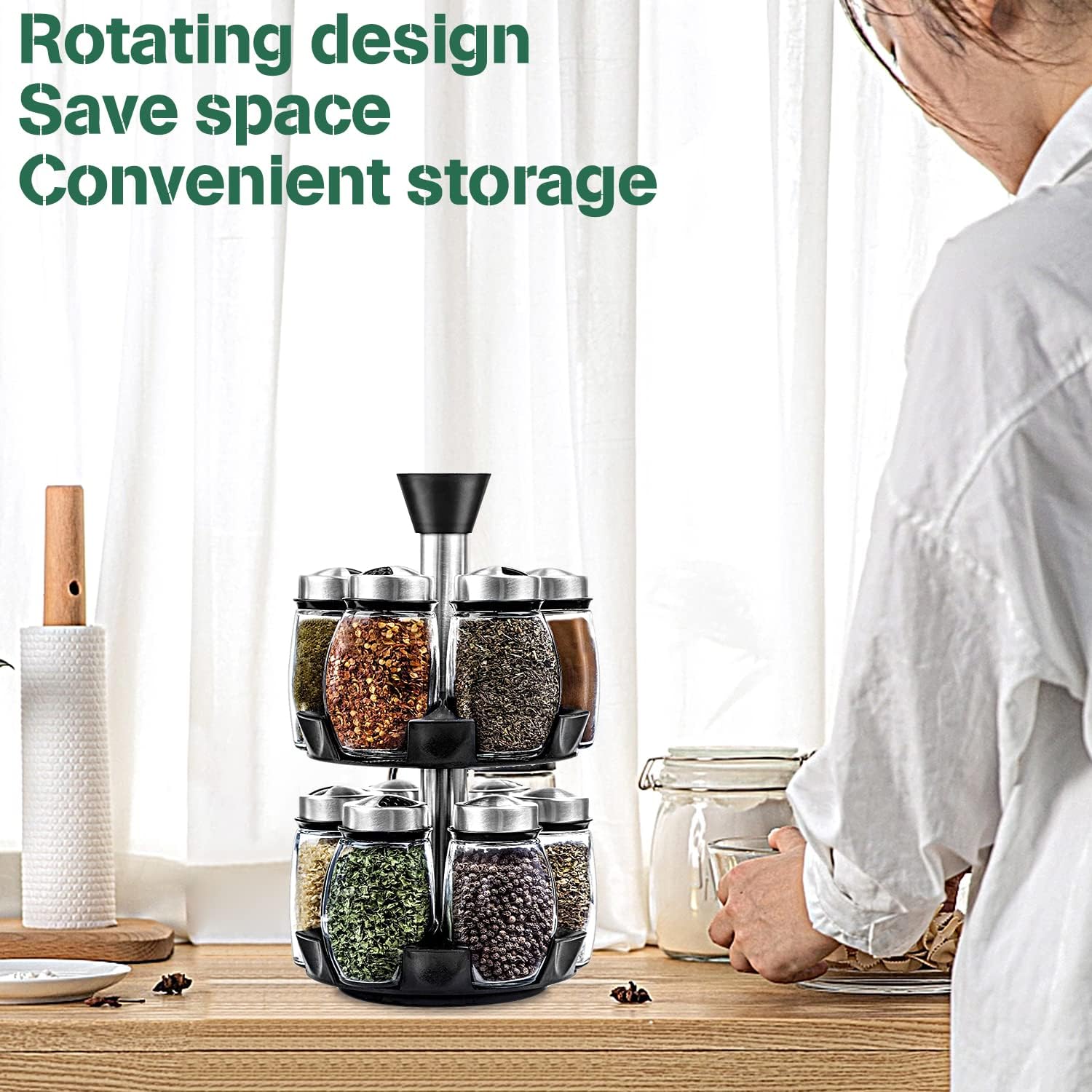 CARLA HOME Rotating Spice Rack Organizer with 16 Glass Jars for Kitchen Seasoning and Herb Storage-1992735291793870853