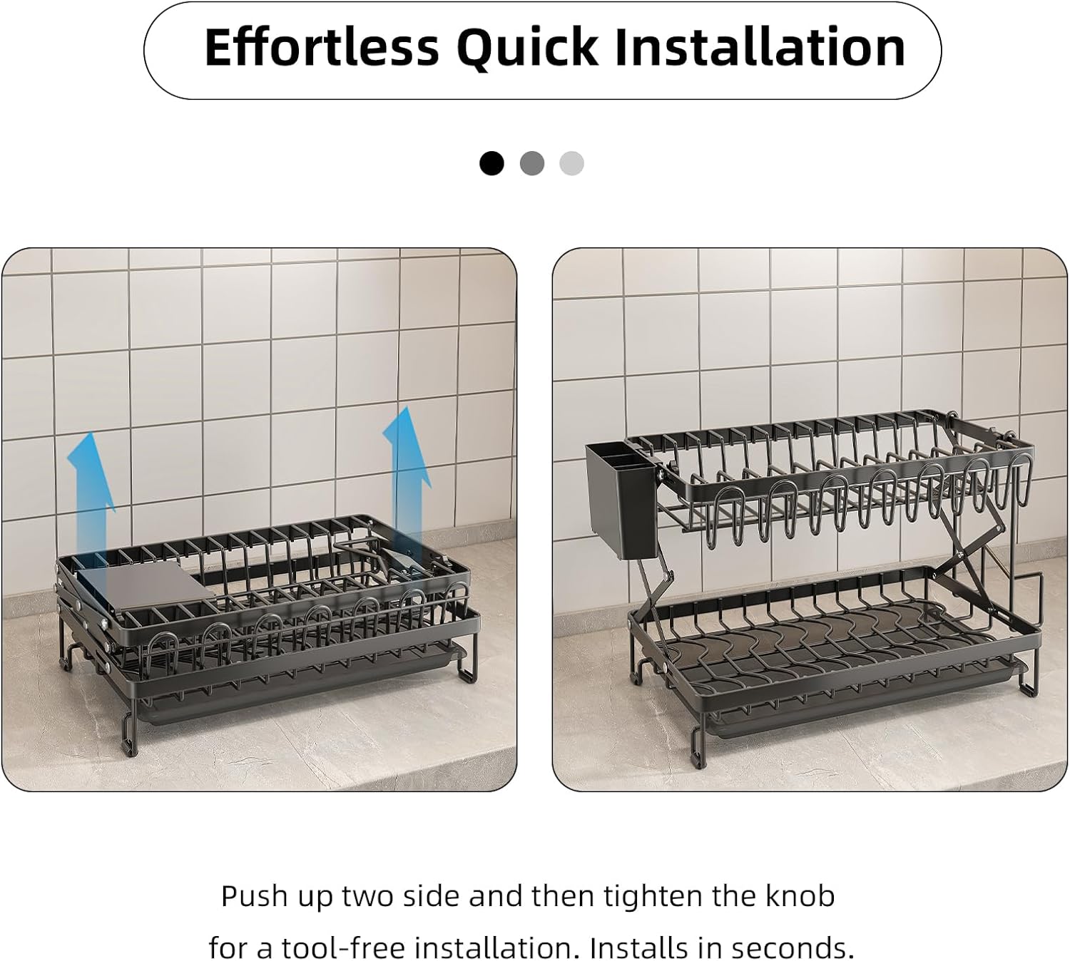 CARLA HOME 2-Tier Dish Drying Rack with Drainage Tray, Utensil Holder, Cup Hooks & Cutting Board Rack for Kitchen (Black)-1992735295317086211