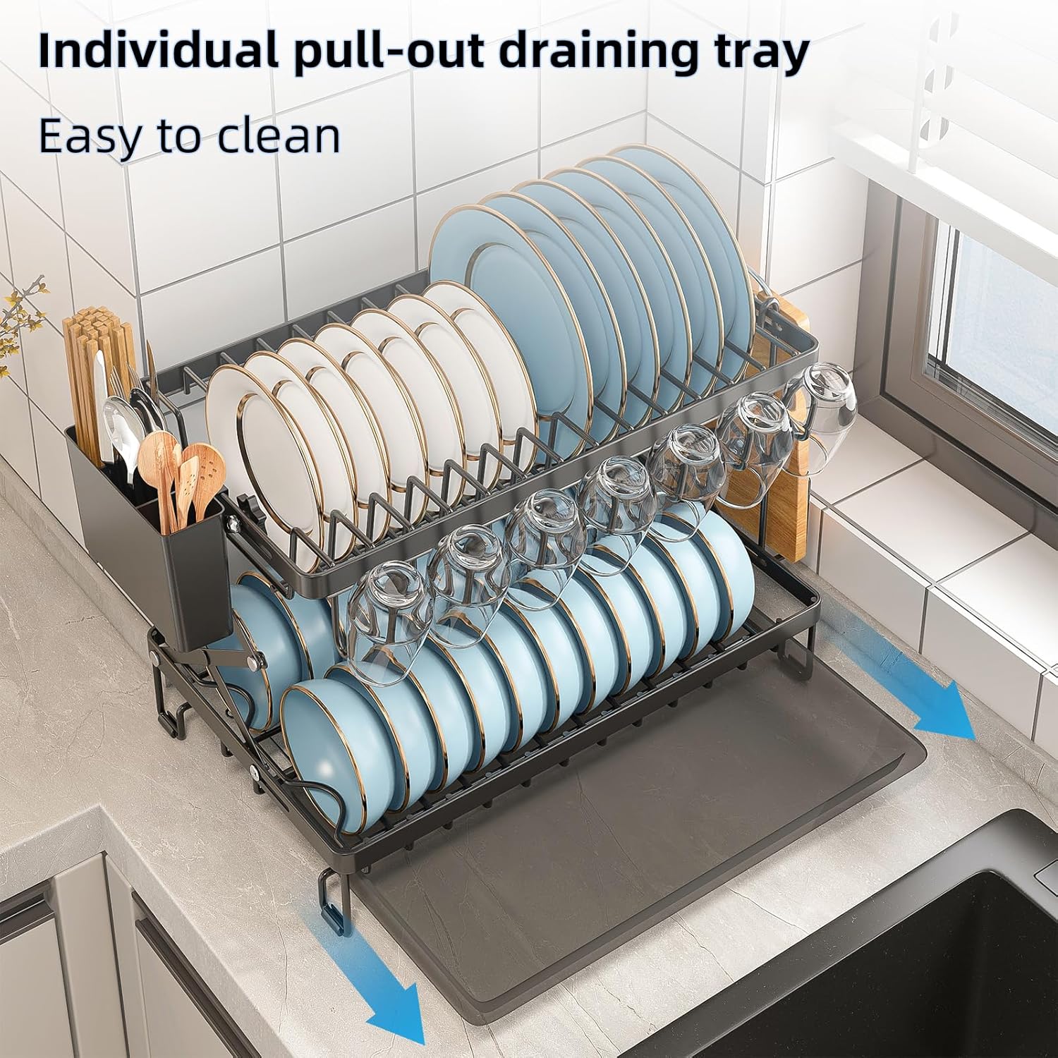 CARLA HOME 2-Tier Dish Drying Rack with Drainage Tray, Utensil Holder, Cup Hooks & Cutting Board Rack for Kitchen (Black)-1992735295317086212