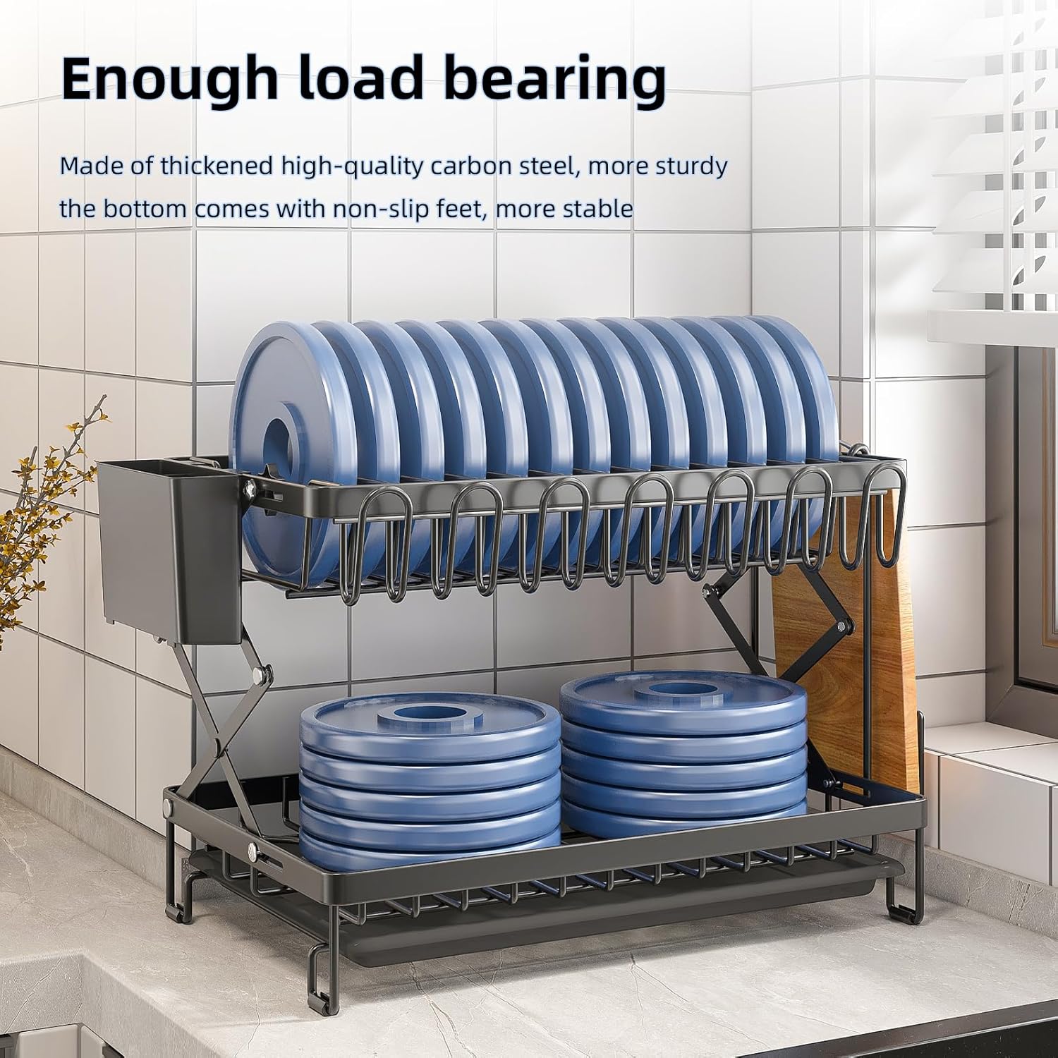 CARLA HOME 2-Tier Dish Drying Rack with Drainage Tray, Utensil Holder, Cup Hooks & Cutting Board Rack for Kitchen (Black)-1992735295317086214