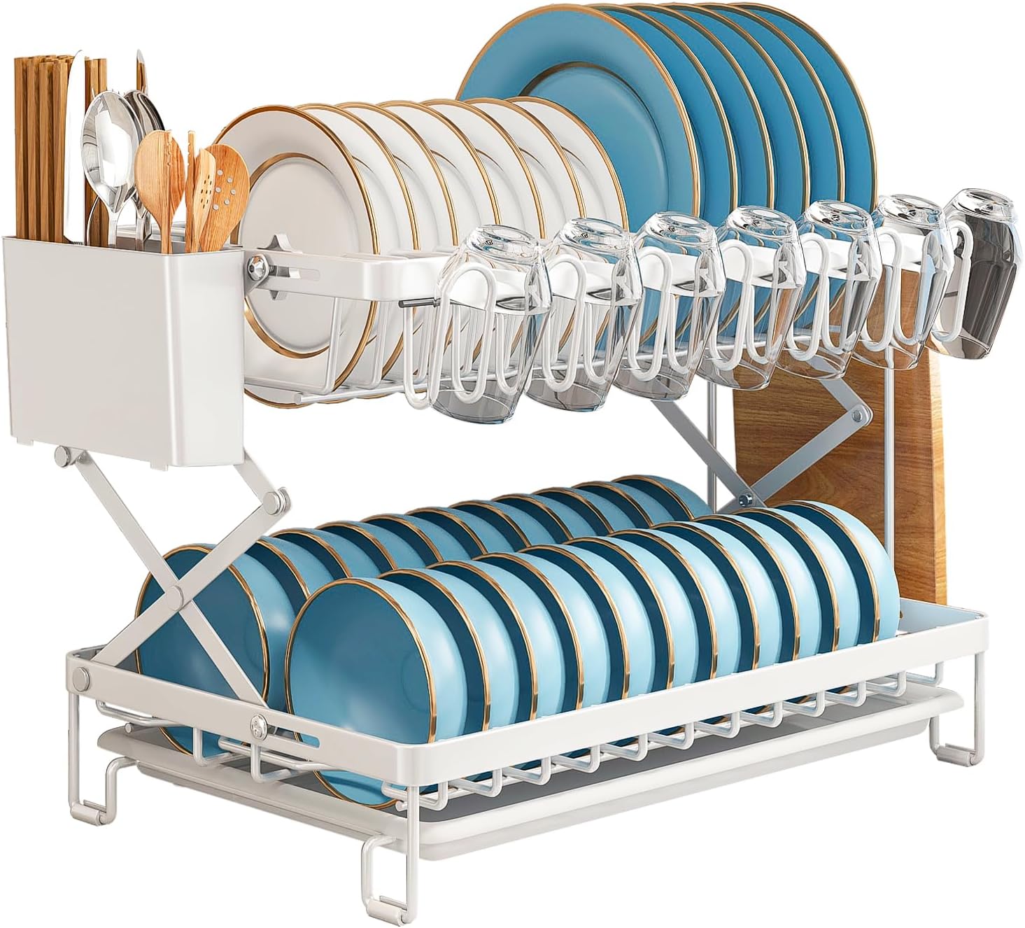 CARLA HOME 2-Tier Dish Drying Rack with Drainage Tray, Utensil Holder, Cup Hooks & Cutting Board Rack for Kitchen (White)-1992735296239833088