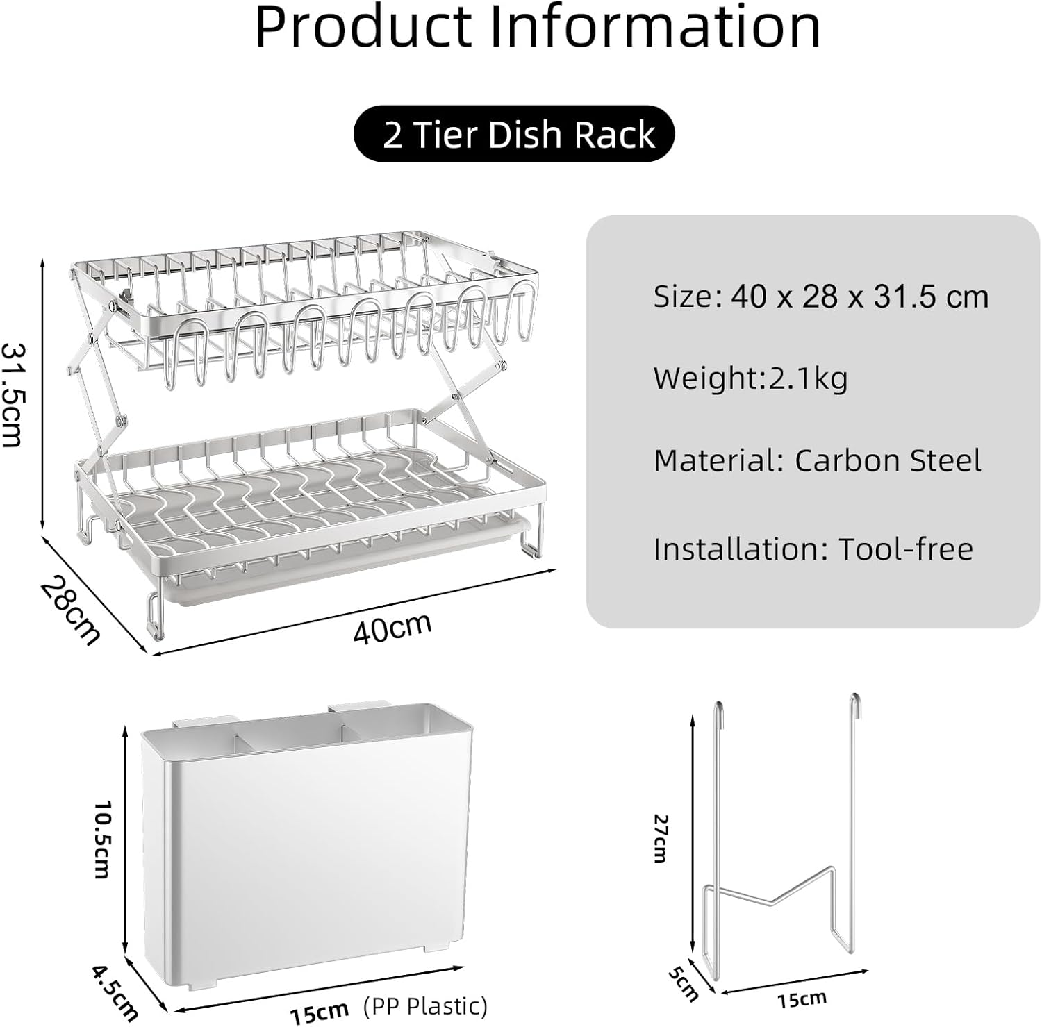 CARLA HOME 2-Tier Dish Drying Rack with Drainage Tray, Utensil Holder, Cup Hooks & Cutting Board Rack for Kitchen (White)-1992735296239833089