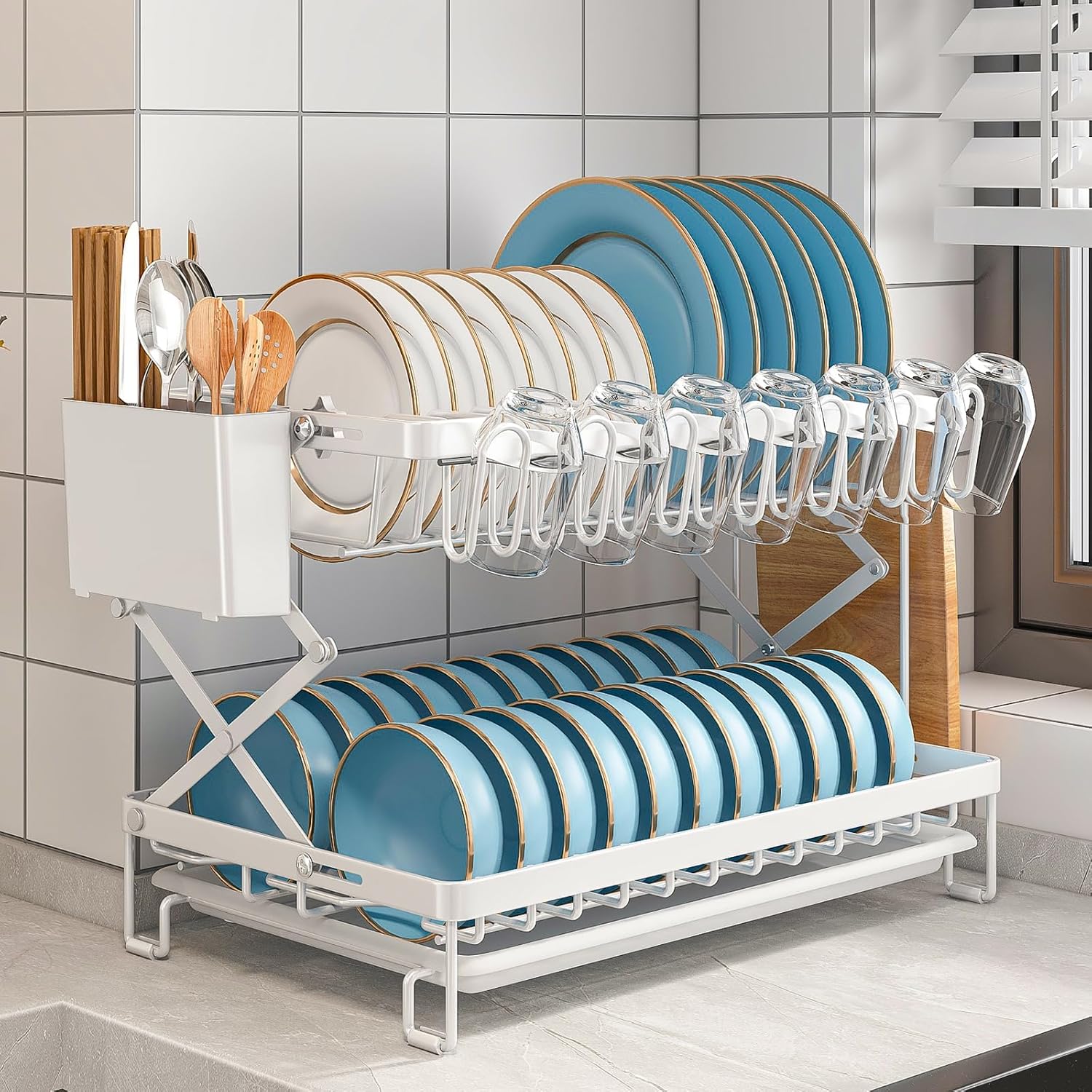 CARLA HOME 2-Tier Dish Drying Rack with Drainage Tray, Utensil Holder, Cup Hooks & Cutting Board Rack for Kitchen (White)-1992735296239833090