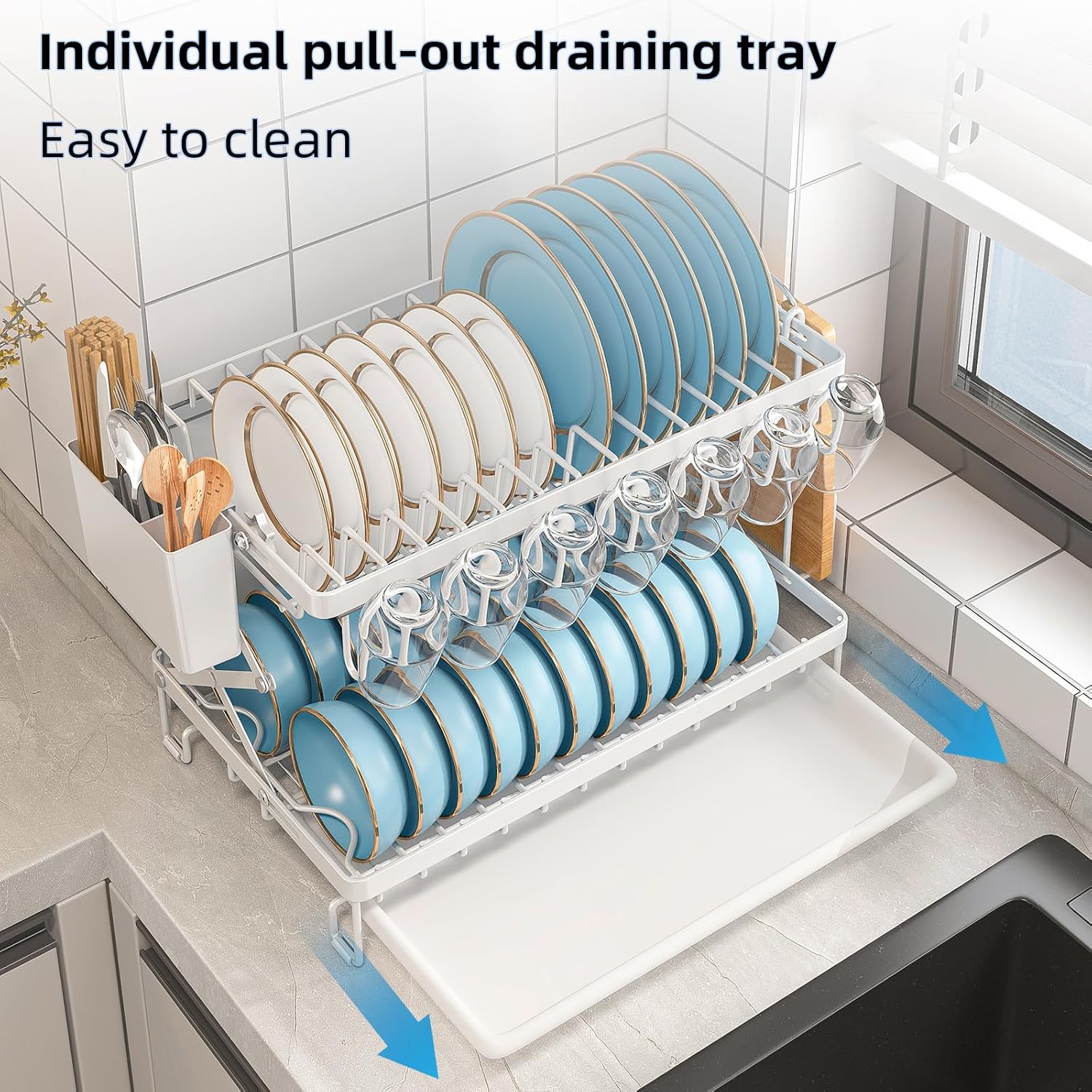 CARLA HOME 2-Tier Dish Drying Rack with Drainage Tray, Utensil Holder, Cup Hooks & Cutting Board Rack for Kitchen (White)-1992735296239833092