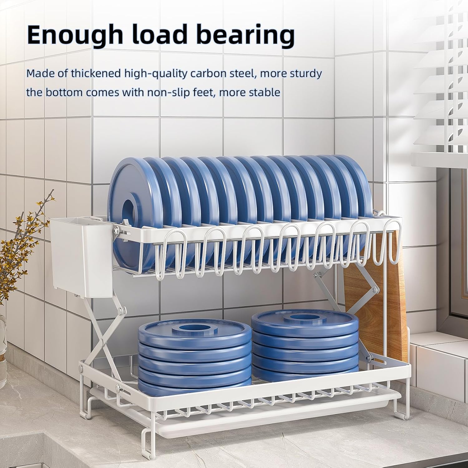 CARLA HOME 2-Tier Dish Drying Rack with Drainage Tray, Utensil Holder, Cup Hooks & Cutting Board Rack for Kitchen (White)-1992735296239833095