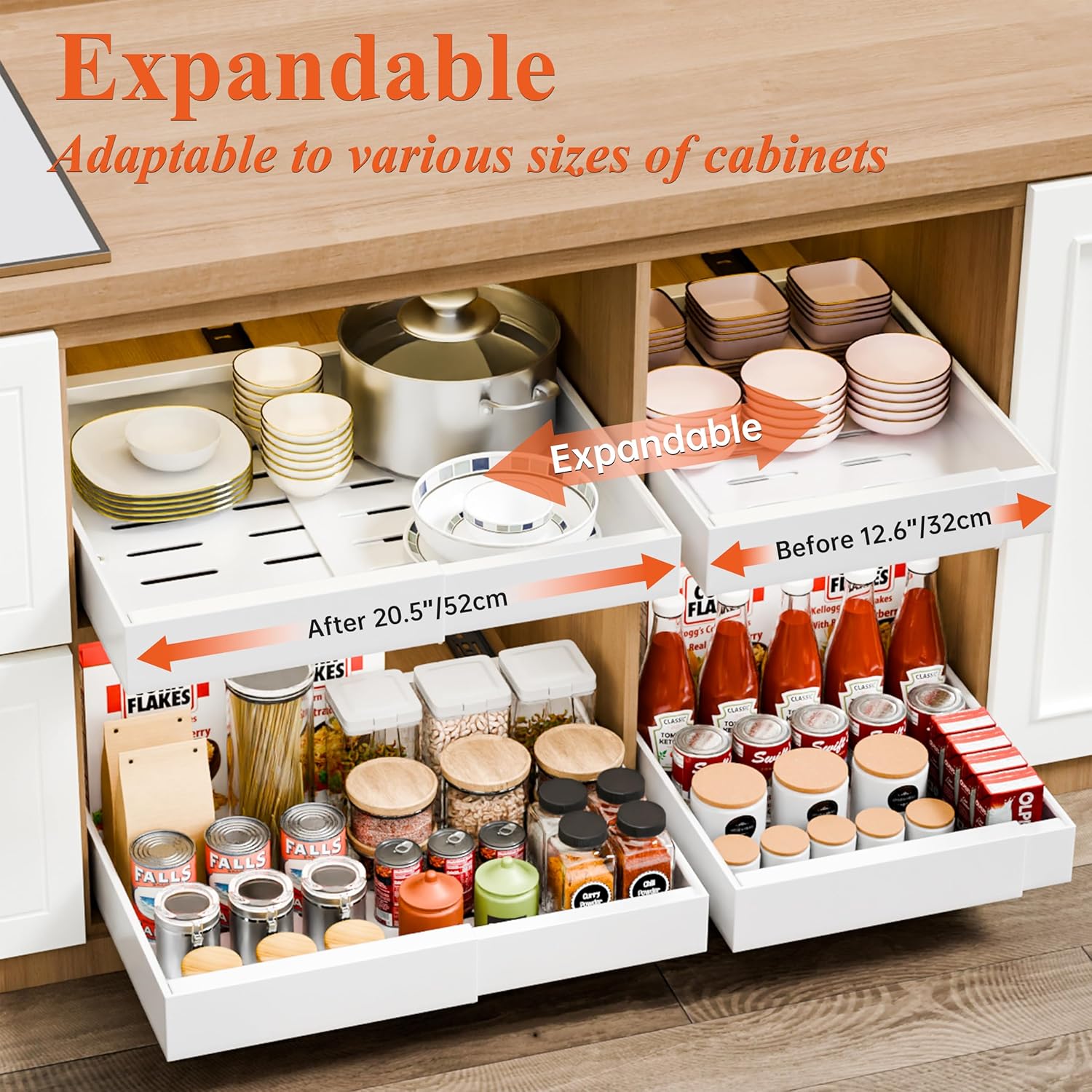 CARLA HOME Pack Pull Out Cabinet Organizer Expandable for Cabinets with Adjustable Slide Out Shelves and Easy Installation (White)-1992735300438331394