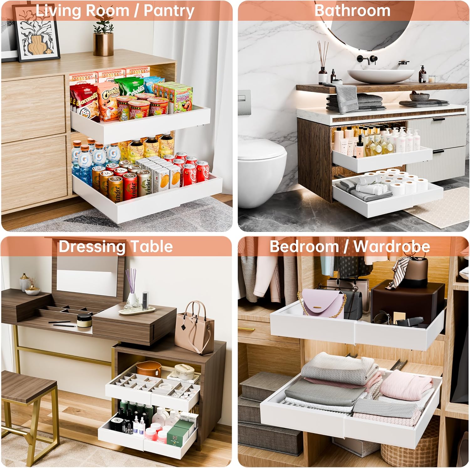 CARLA HOME Pack Pull Out Cabinet Organizer Expandable for Cabinets with Adjustable Slide Out Shelves and Easy Installation (White)-1992735300438331396