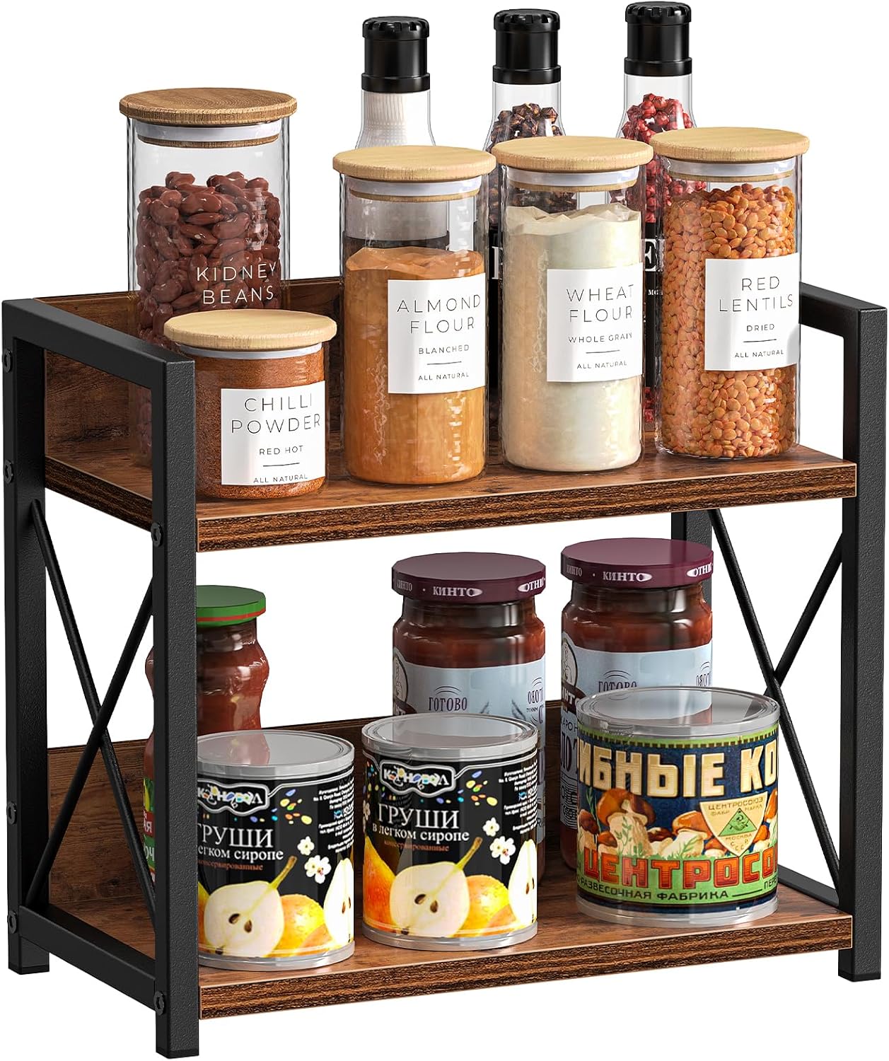 CARLA HOME 2-Tier Countertop Shelf Organizer Rustic Wood Kitchen Spice Rack for Storage, Condiments & Cabinet Organization-1992735286068645889
