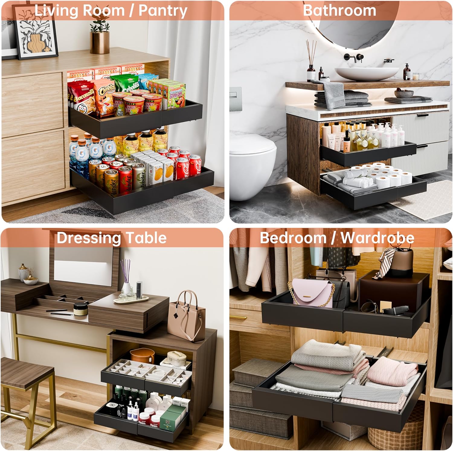 CARLA HOME 2 Pack Pull Out Cabinet Organizer Expandable for Cabinets with Adjustable Slide Out Shelves and Easy Installation (Black)-1992735300954230788