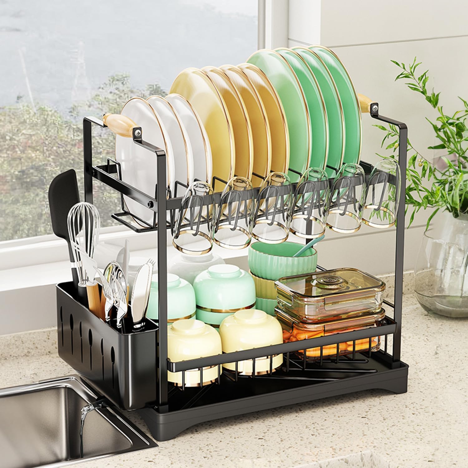 CARLA HOME 2-Tier Large Dish Drying Rack with Drainboard, Utensil Holder, Glass Hooks & Cutlery Storage (Black)-1992735292666286080