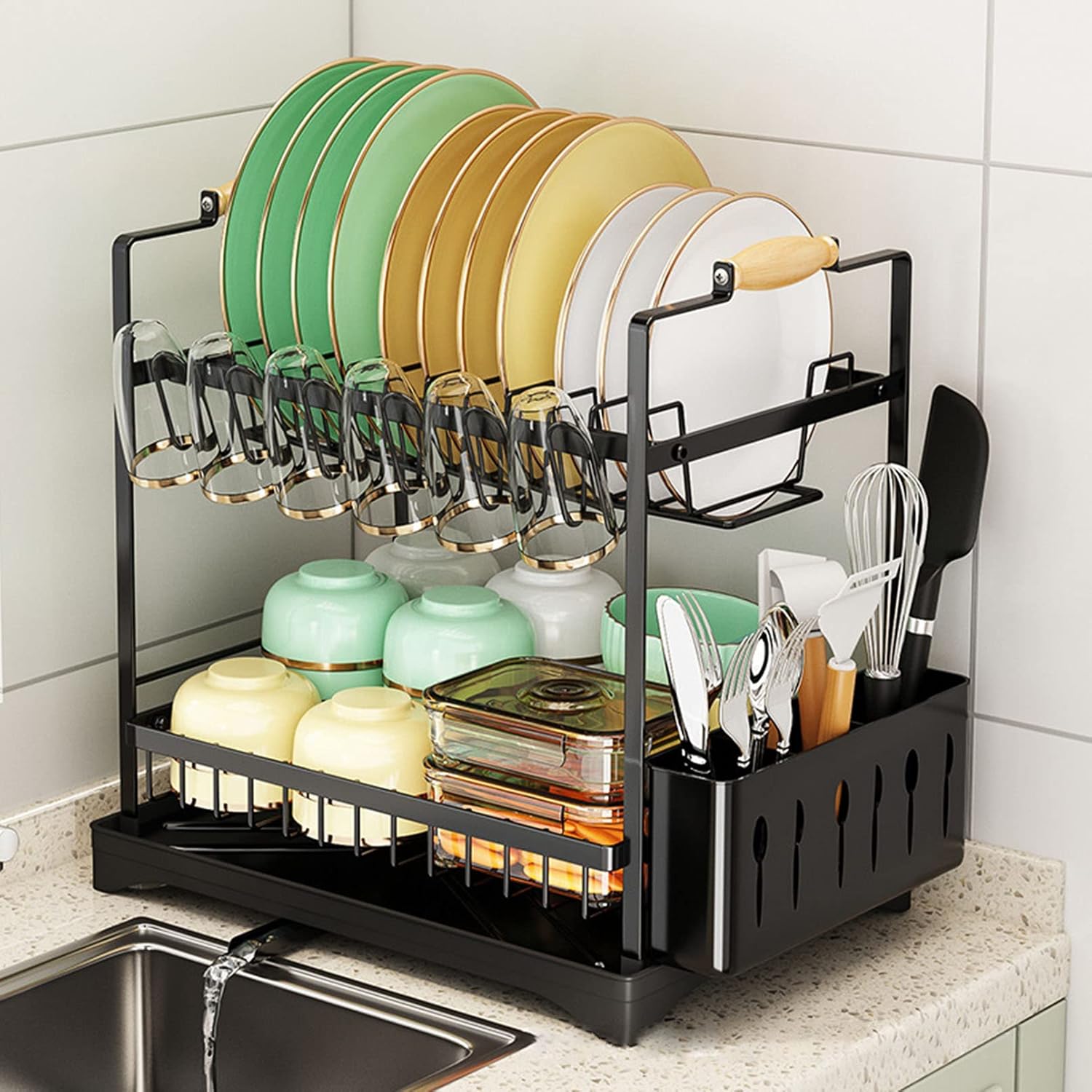 CARLA HOME 2-Tier Large Dish Drying Rack with Drainboard, Utensil Holder, Glass Hooks & Cutlery Storage (Black)-1992735292666286087