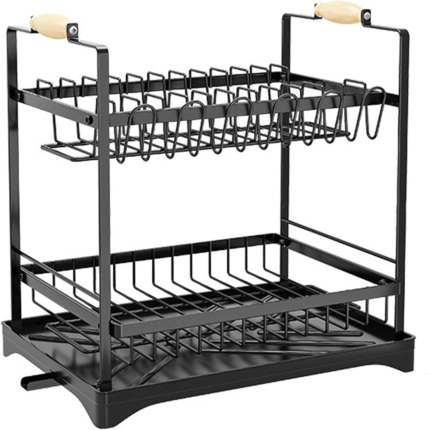 CARLA HOME 2-Tier Large Dish Drying Rack with Drainboard, Utensil Holder, Glass Hooks & Cutlery Storage (Black)-1992735292666286088