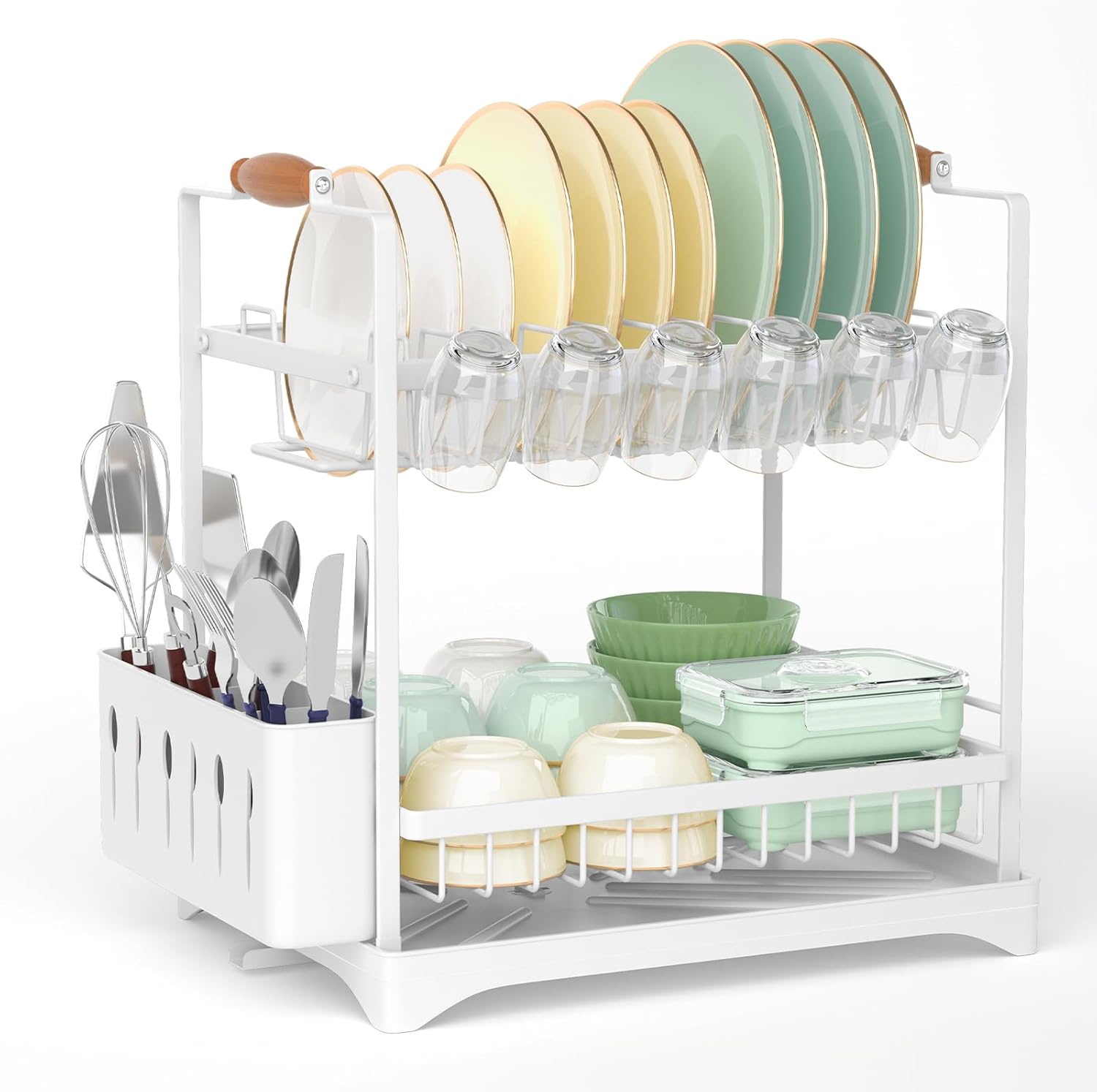 CARLA HOME 2-Tier Large Dish Drying Rack with Drainboard, Utensil Holder, Glass Hooks & Cutlery Storage (White)-1992735296420188160