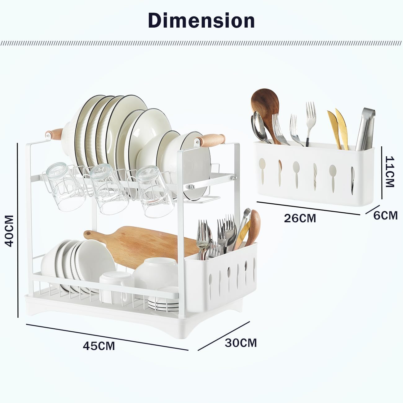 CARLA HOME 2-Tier Large Dish Drying Rack with Drainboard, Utensil Holder, Glass Hooks & Cutlery Storage (White)-1992735296420188162