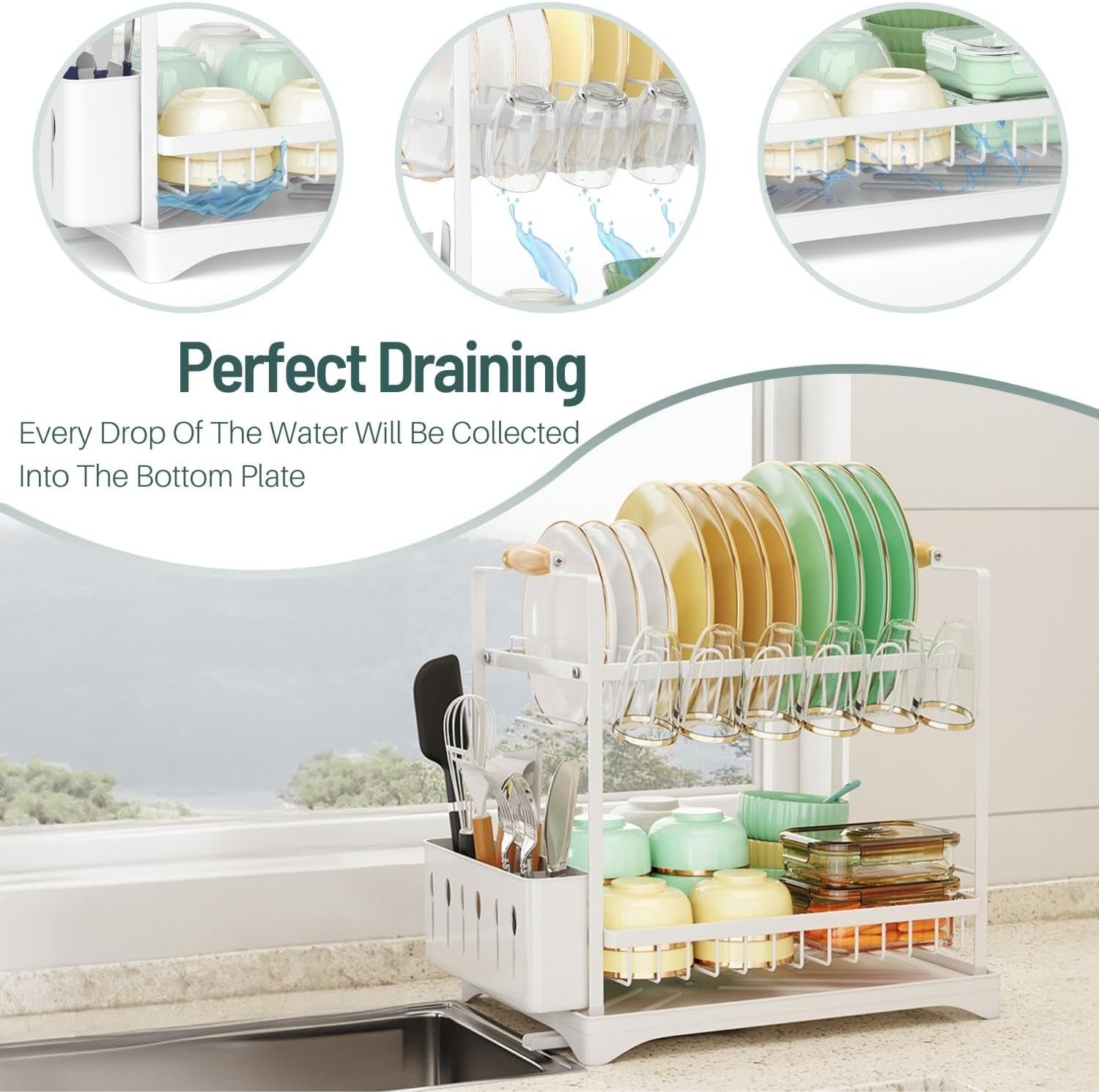 CARLA HOME 2-Tier Large Dish Drying Rack with Drainboard, Utensil Holder, Glass Hooks & Cutlery Storage (White)-1992735296420188164
