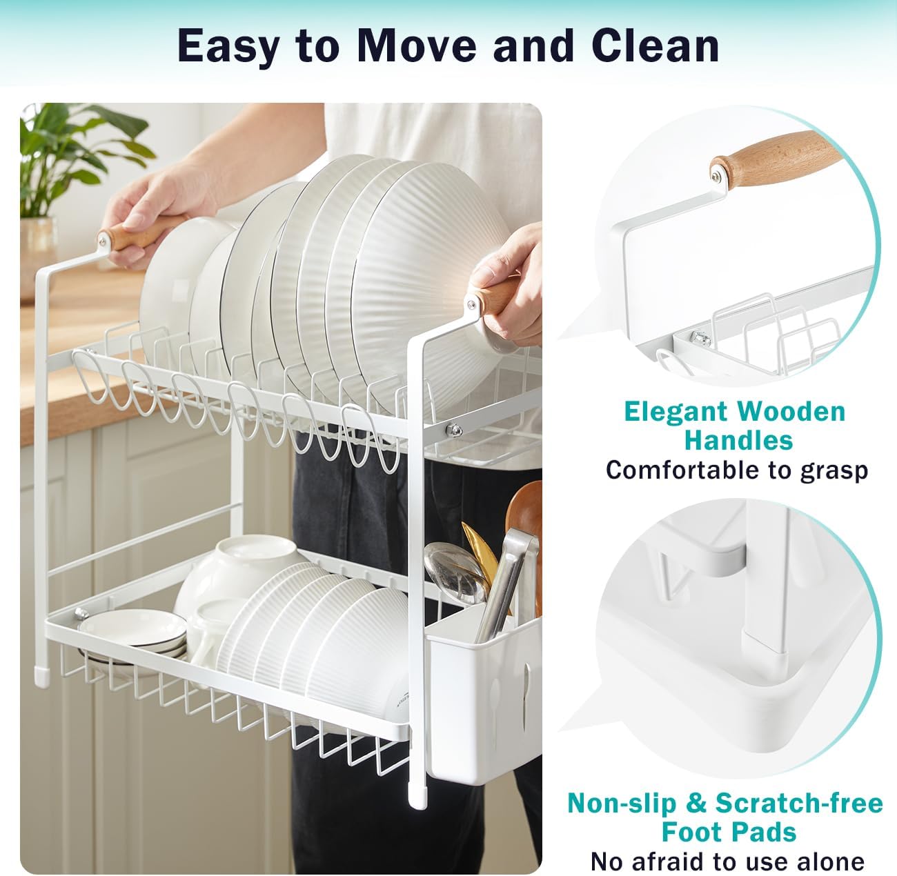 CARLA HOME 2-Tier Large Dish Drying Rack with Drainboard, Utensil Holder, Glass Hooks & Cutlery Storage (White)-1992735296420188167