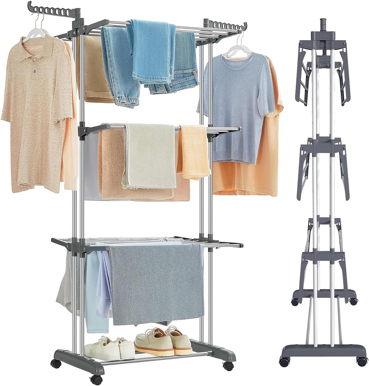 CARLA HOME Folding Clothes Drying Rack with Wheels and Adjustable Side Wings for Laundry Rack and Clothes Storage (Upgraded Model)-1992735299213594624