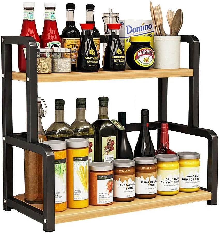 CARLA HOME 2-Tier Wooden Kitchen Countertop Spice Rack for Storage of Condiments, Oils, Jars & Seasoning Bottles-1992735296944476160