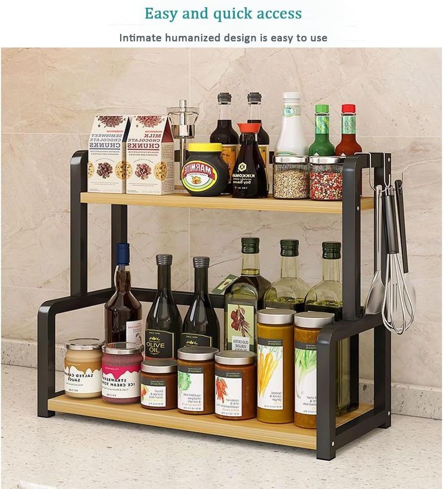 CARLA HOME 2-Tier Wooden Kitchen Countertop Spice Rack for Storage of Condiments, Oils, Jars & Seasoning Bottles-1992735296944476164