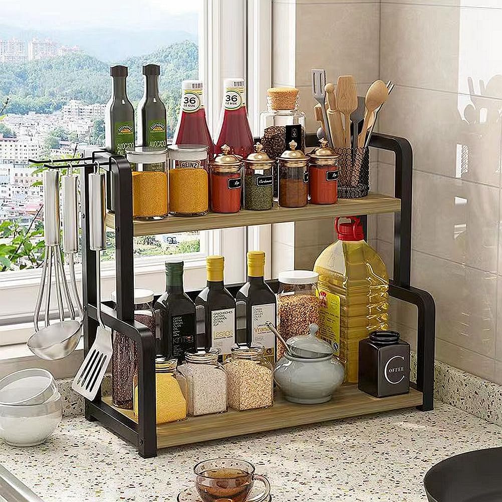 CARLA HOME 2-Tier Wooden Kitchen Countertop Spice Rack for Storage of Condiments, Oils, Jars & Seasoning Bottles-1992735296944476167