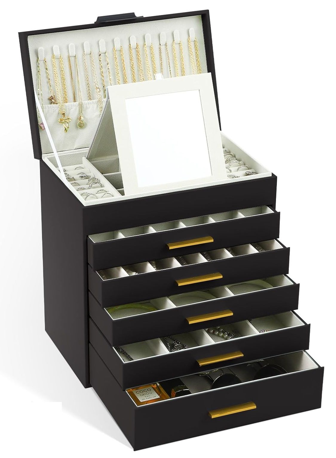 CARLA HOME  6-Layer Large Jewelry Organizer Box for Women with Mirror, Drawers, Hooks & Dividers for Rings, Necklaces, Bracelets, Ideal Gift for Women (Black)-1992735298160824320