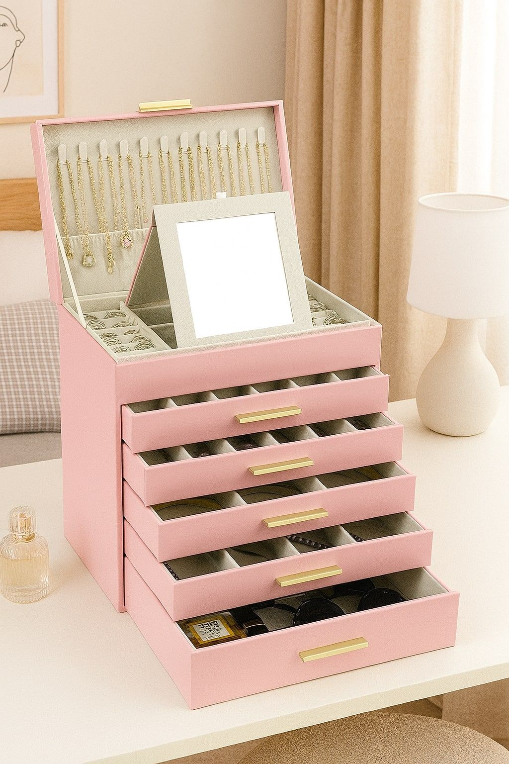 CARLA HOME  6-Layer Large Jewelry Organizer Box for Women with Mirror, Drawers, Hooks & Dividers for Rings, Necklaces, Bracelets, Ideal Gift for Women (Pink)-1992735292494319617