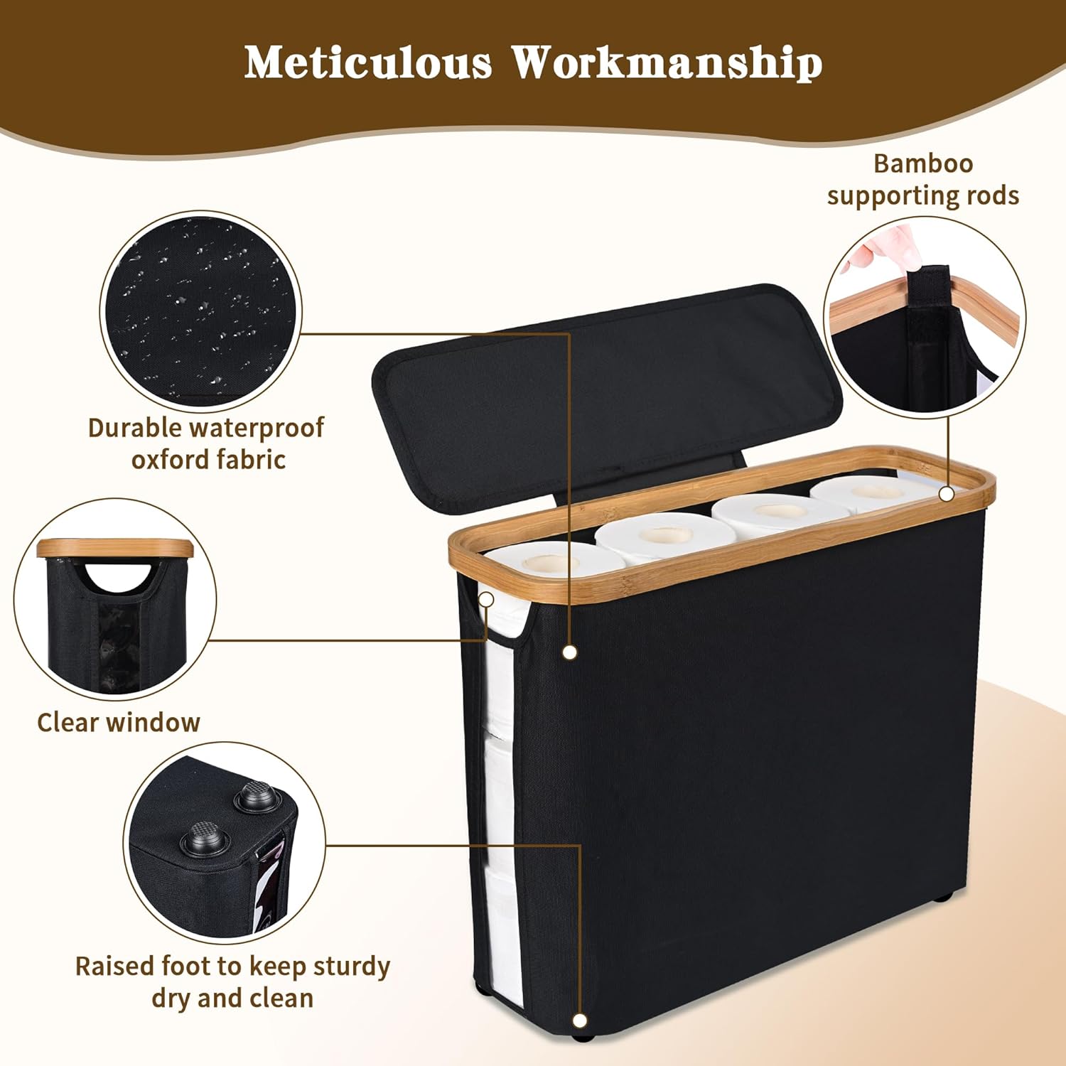 CARLA HOME 2 pack Toilet Paper Storage Basket Holds Up to 12 Rolls with Bamboo Lid and Handle for RV Closet (Black)-1978962264161652739