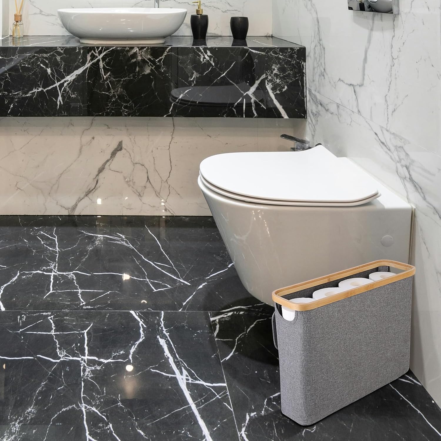 CARLA HOME 2 pack Toilet Paper Storage Basket Holds Up to 12 Rolls with Bamboo Lid and Handle for RV Closet (Grey)-1978962264329424897