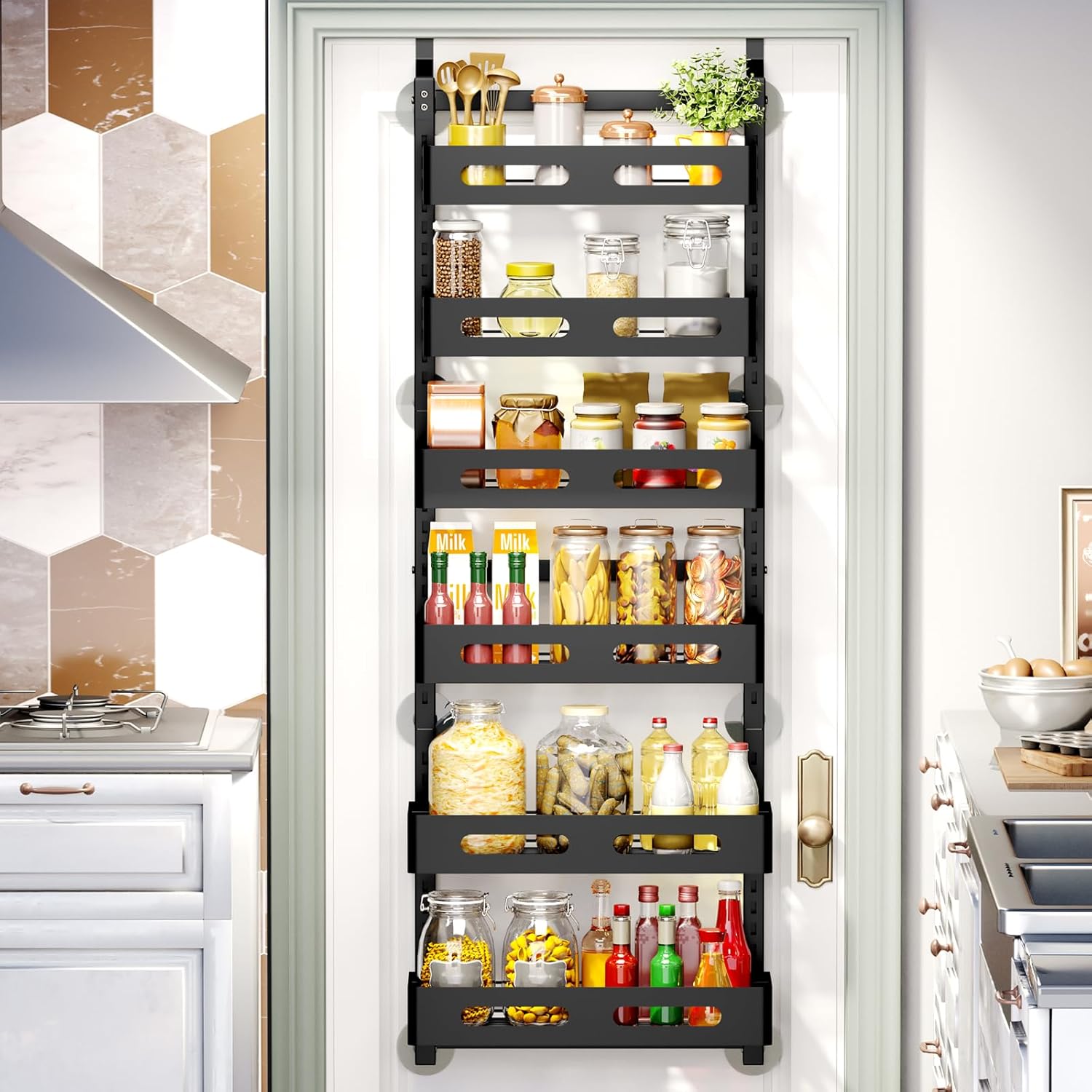 CARLA HOME 6 Tier Over the Door Organizer with Adjustable Metal Pantry Storage Rack and Hanging Baskets for Kitchen and Bathroom-1992735288631365632