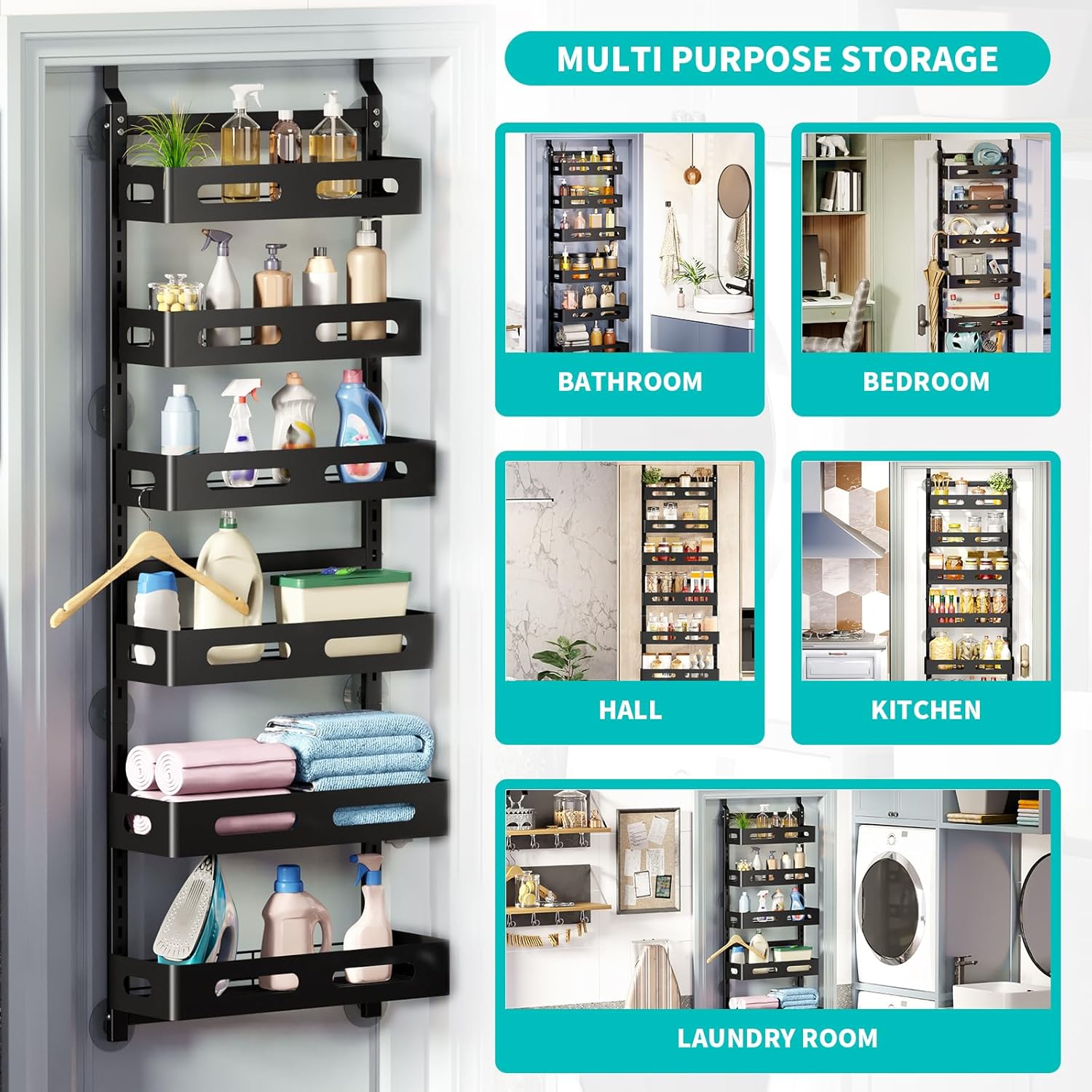 CARLA HOME 6 Tier Over the Door Organizer with Adjustable Metal Pantry Storage Rack and Hanging Baskets for Kitchen and Bathroom-1992735288631365638