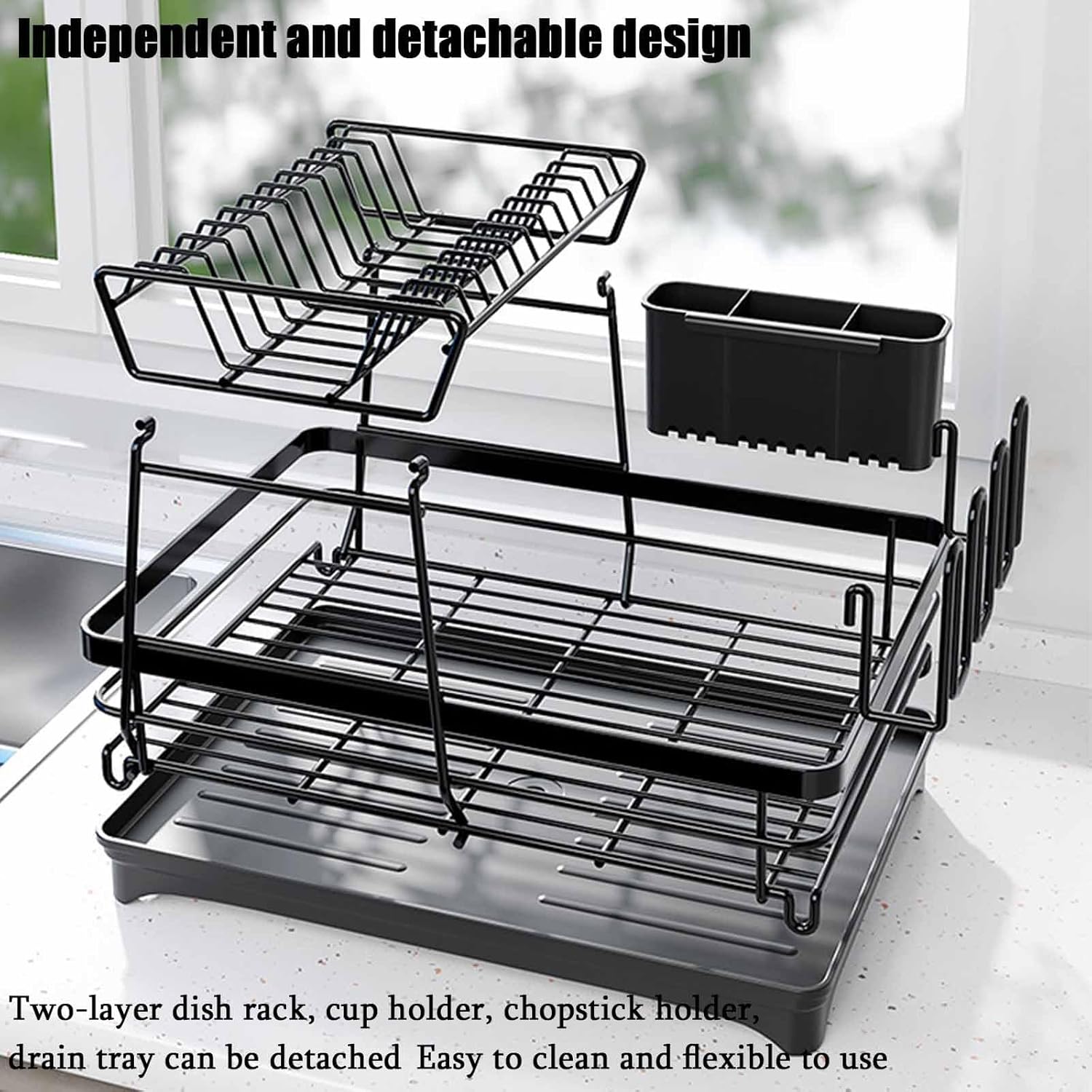 CARLA HOME 2-Tier Dish Drying Rack for Kitchen Counter with Drainboard, Utensil Holder, Cup Rack & Cutlery Organizer-1992735293530312709