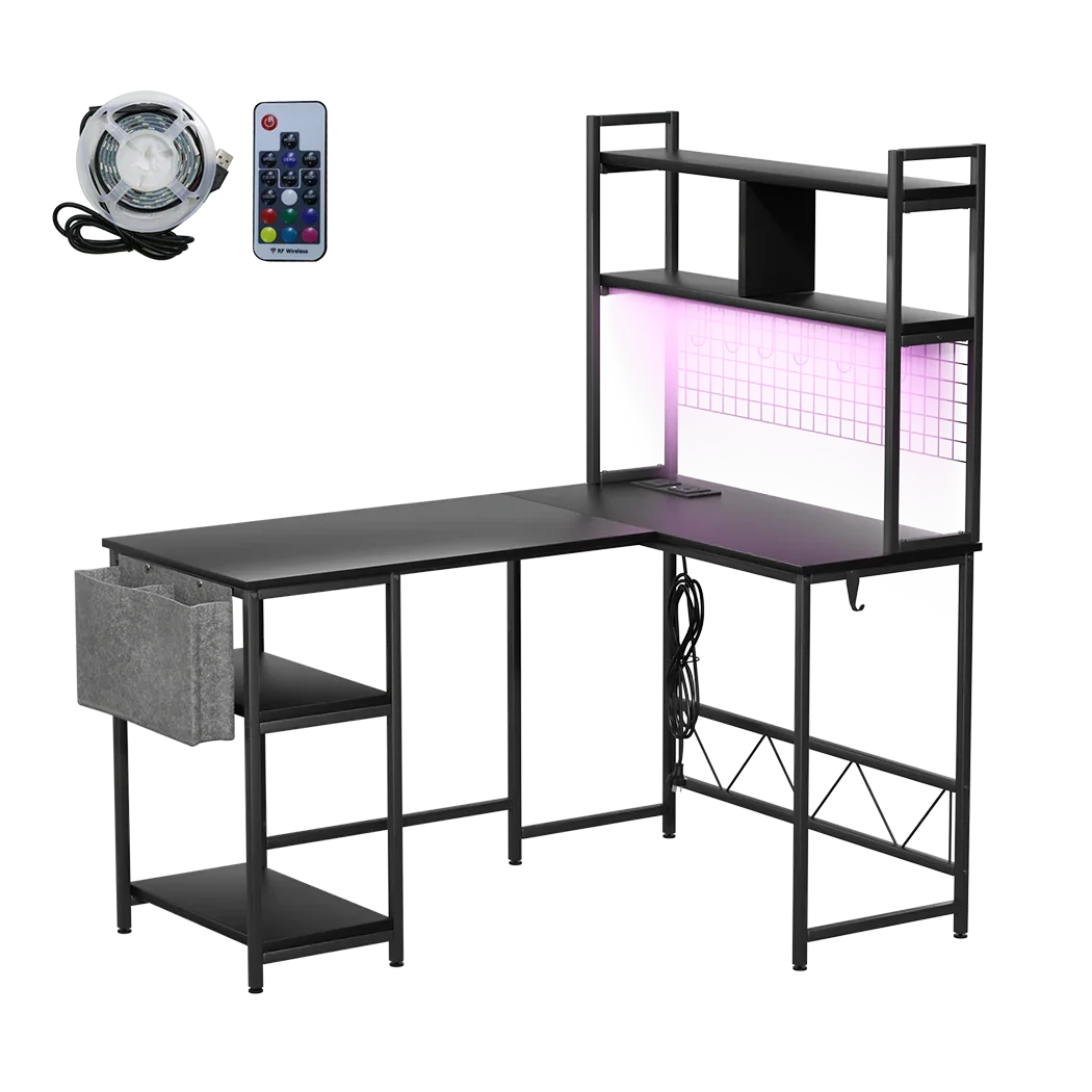 Levede L Shaped Gaming Desk with LED Lights Black-2006732738572455944