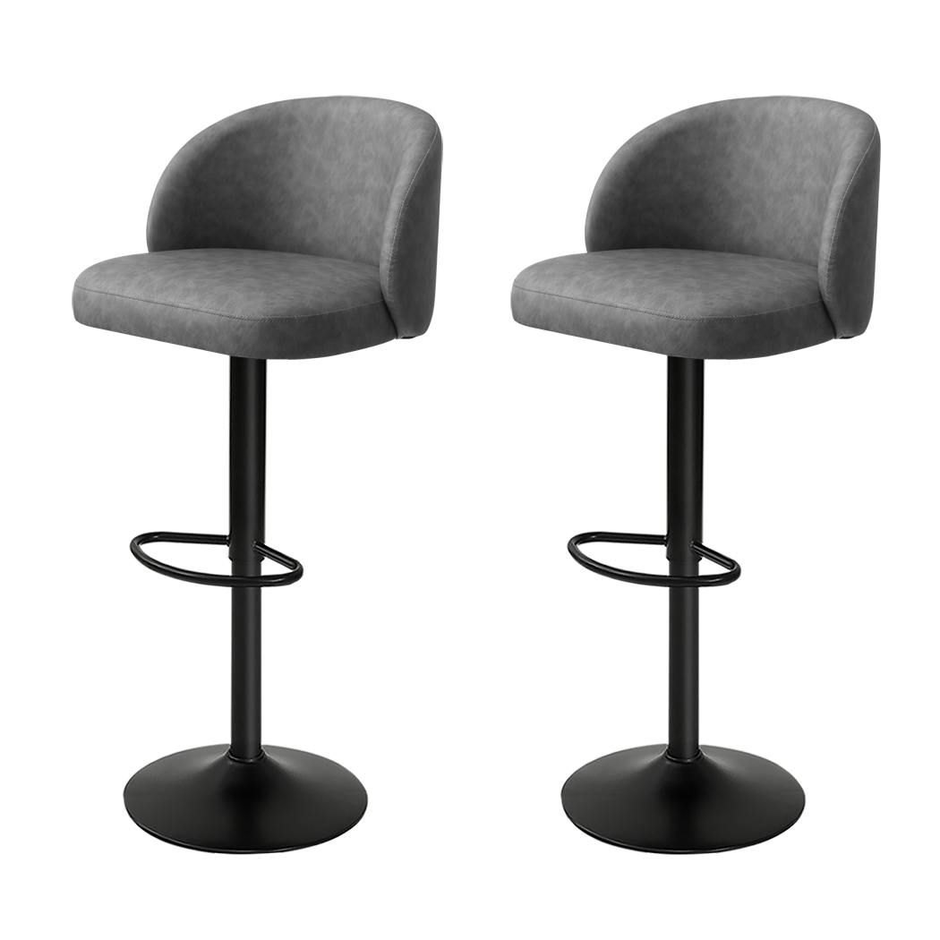 2x Bar Stools Gas Lift PU Leather Footrest Swivel Adjustable Kitchen Grey