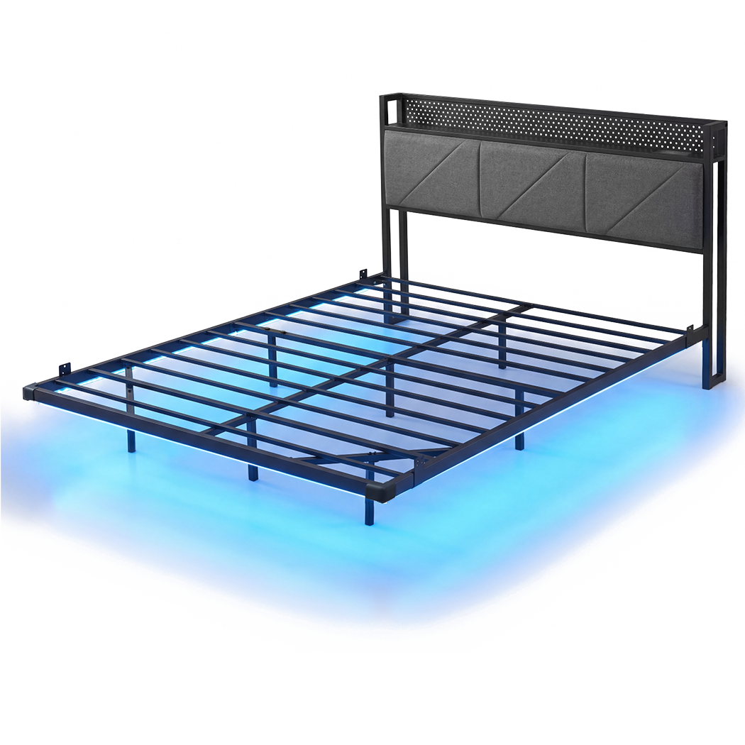 Levede Floating Bed Frame Double LED USB Power Storage Headboard Metal Base-2050059005740584968