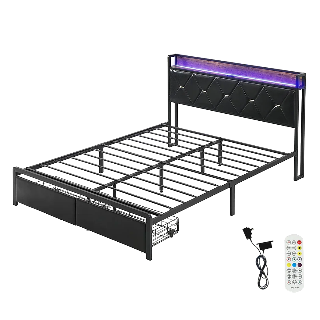 Levede Queen Metal Bed Frame LED Lights 2 Drawers-2018816912707948552