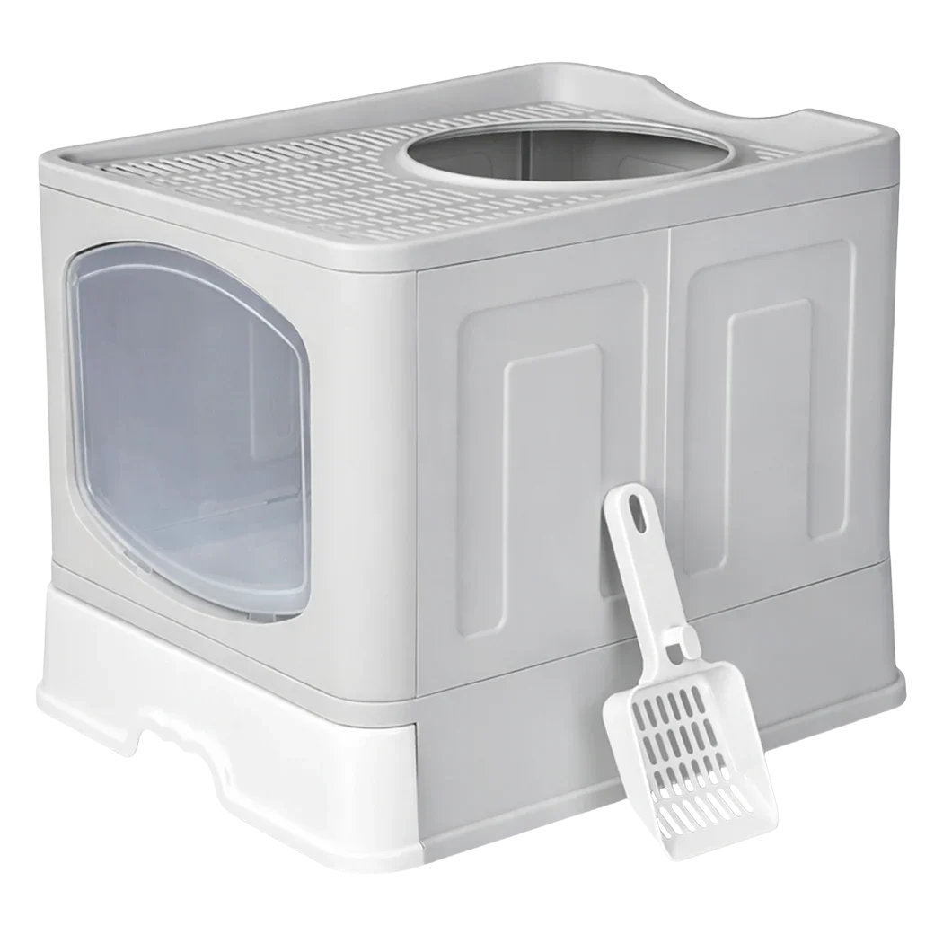 Pawz Large Cat Litter Box Foldable Top Entry Covered Litter Tray Scoop Grey-2050056785414459400