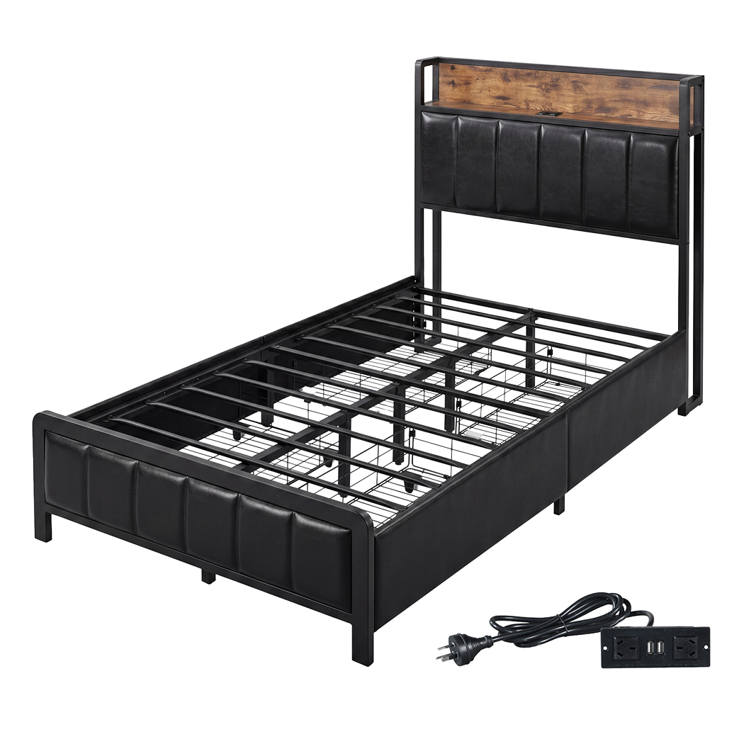 Levede Single Bed Frame PU Mattress Base Storage Drawer Headboard USB Charge-2100034936290545672